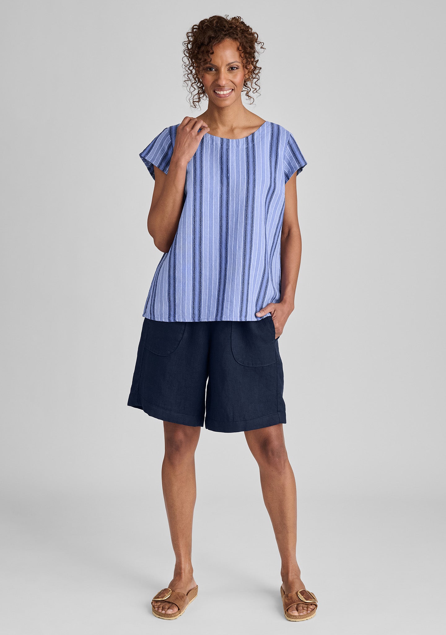 FLAX linen t shirt in blue with linen shorts in blue