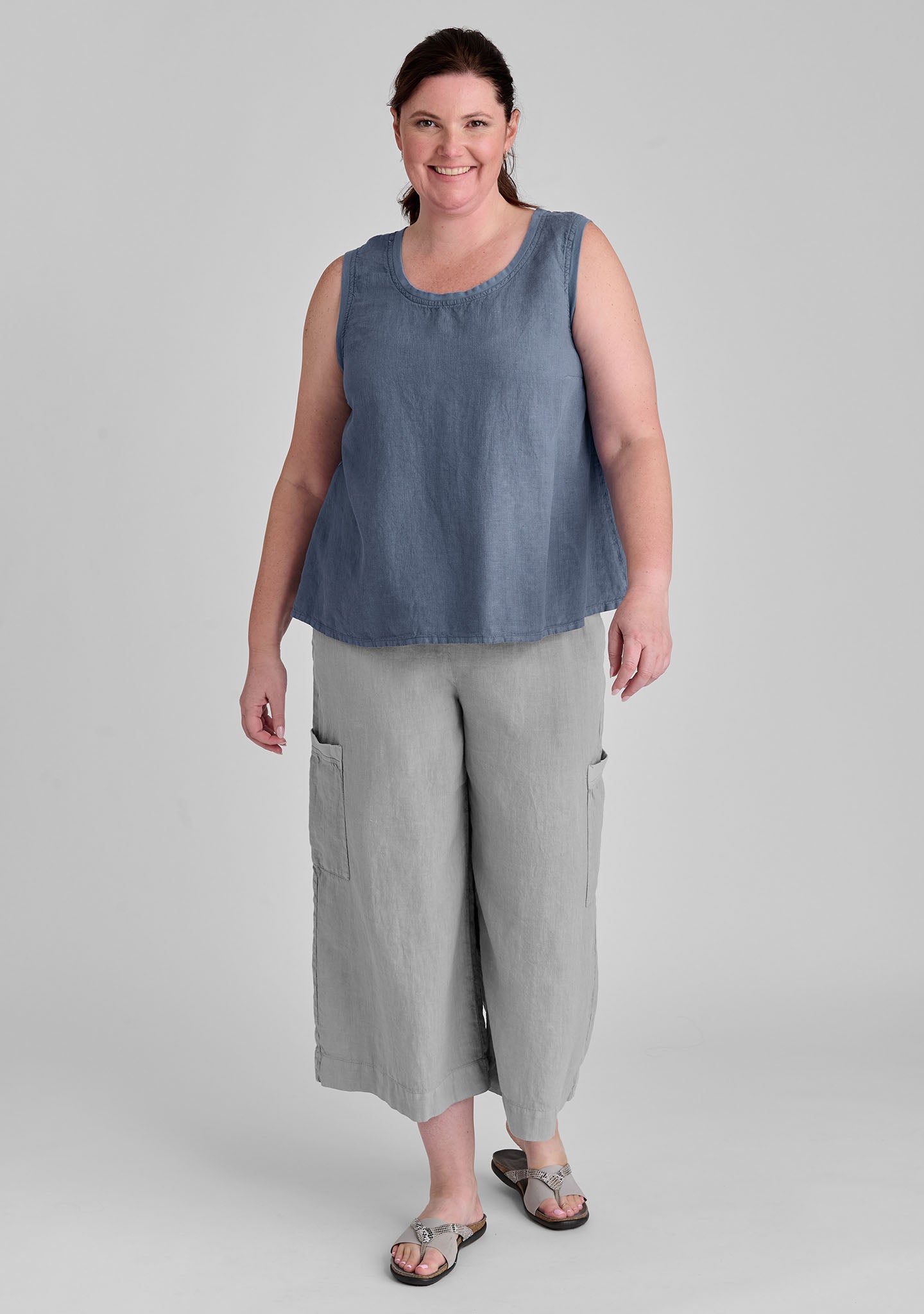 FLAX linen tank in blue with linen pants in grey