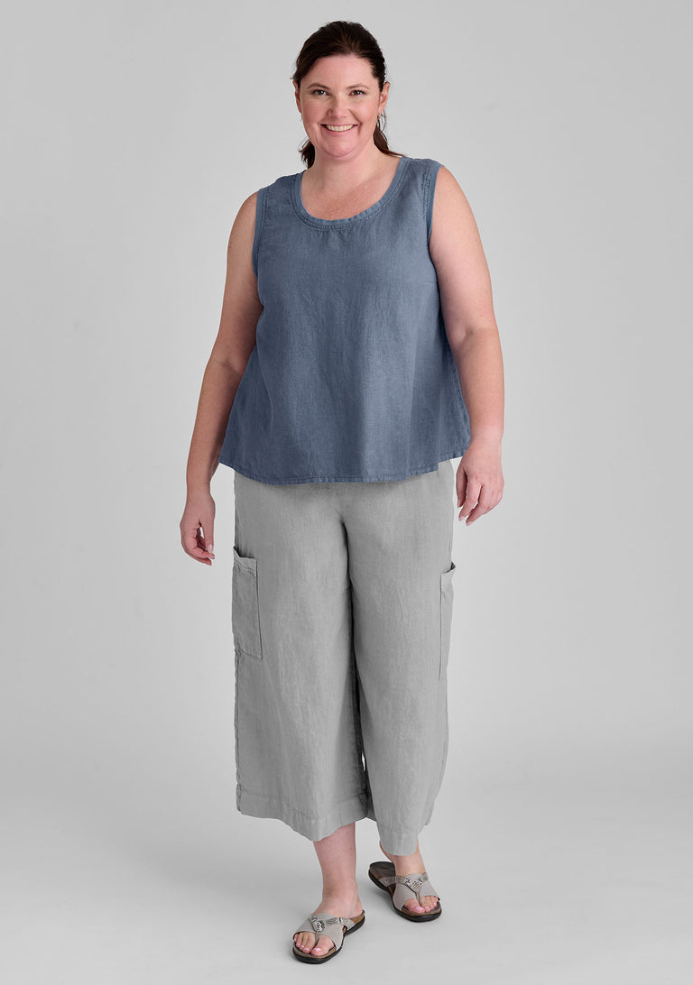 FLAX linen tank in blue with linen pants in grey