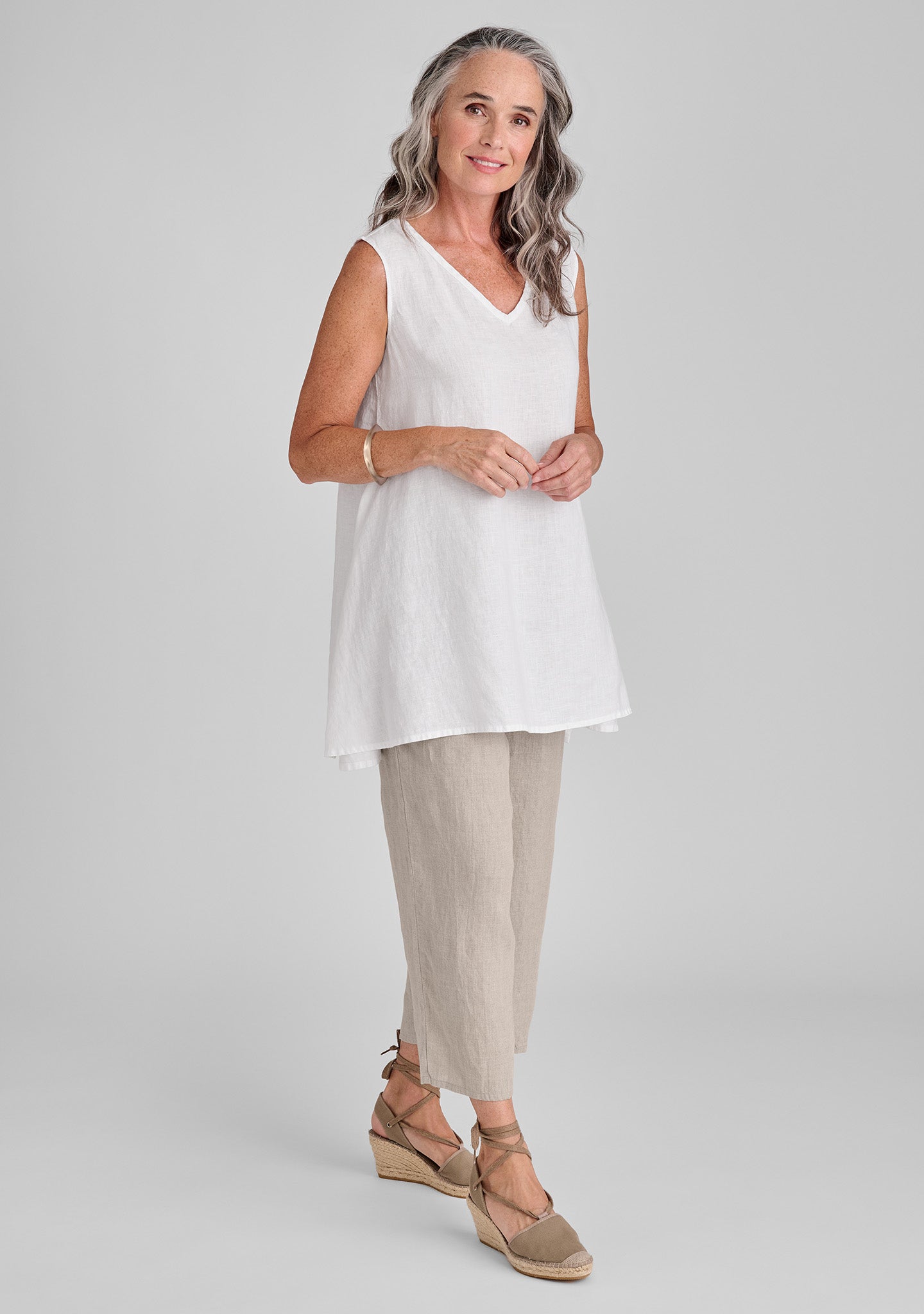 FLAX linen tank in white and linen pants in natural