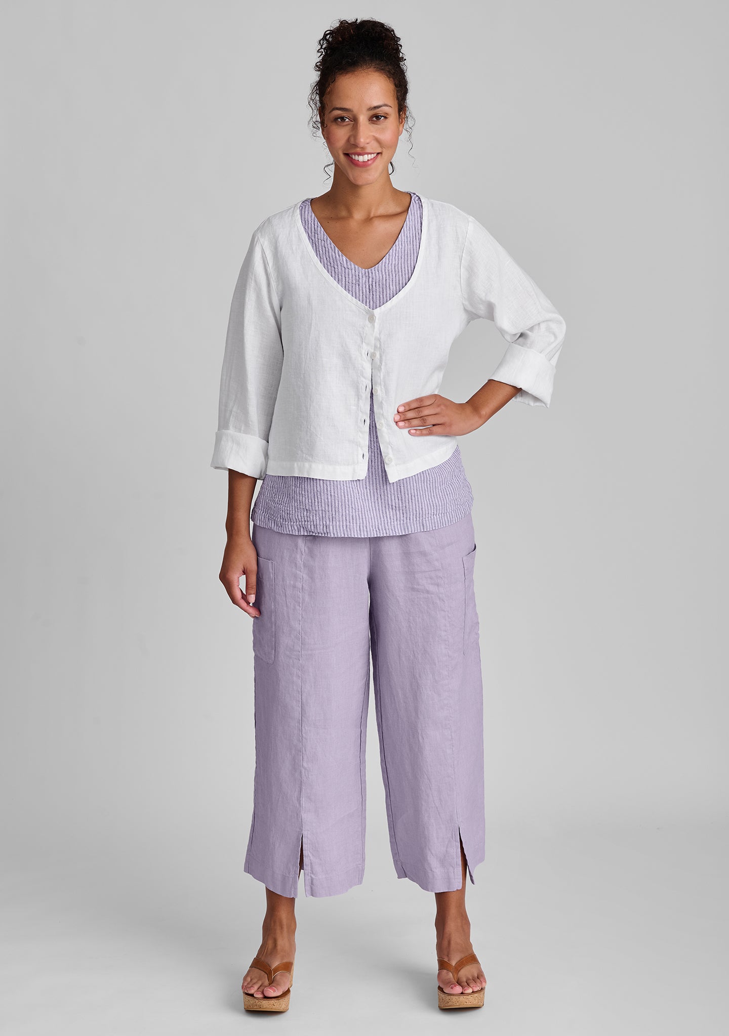 FLAX linen blouse in white and linen tank in purple and linen pants in purple