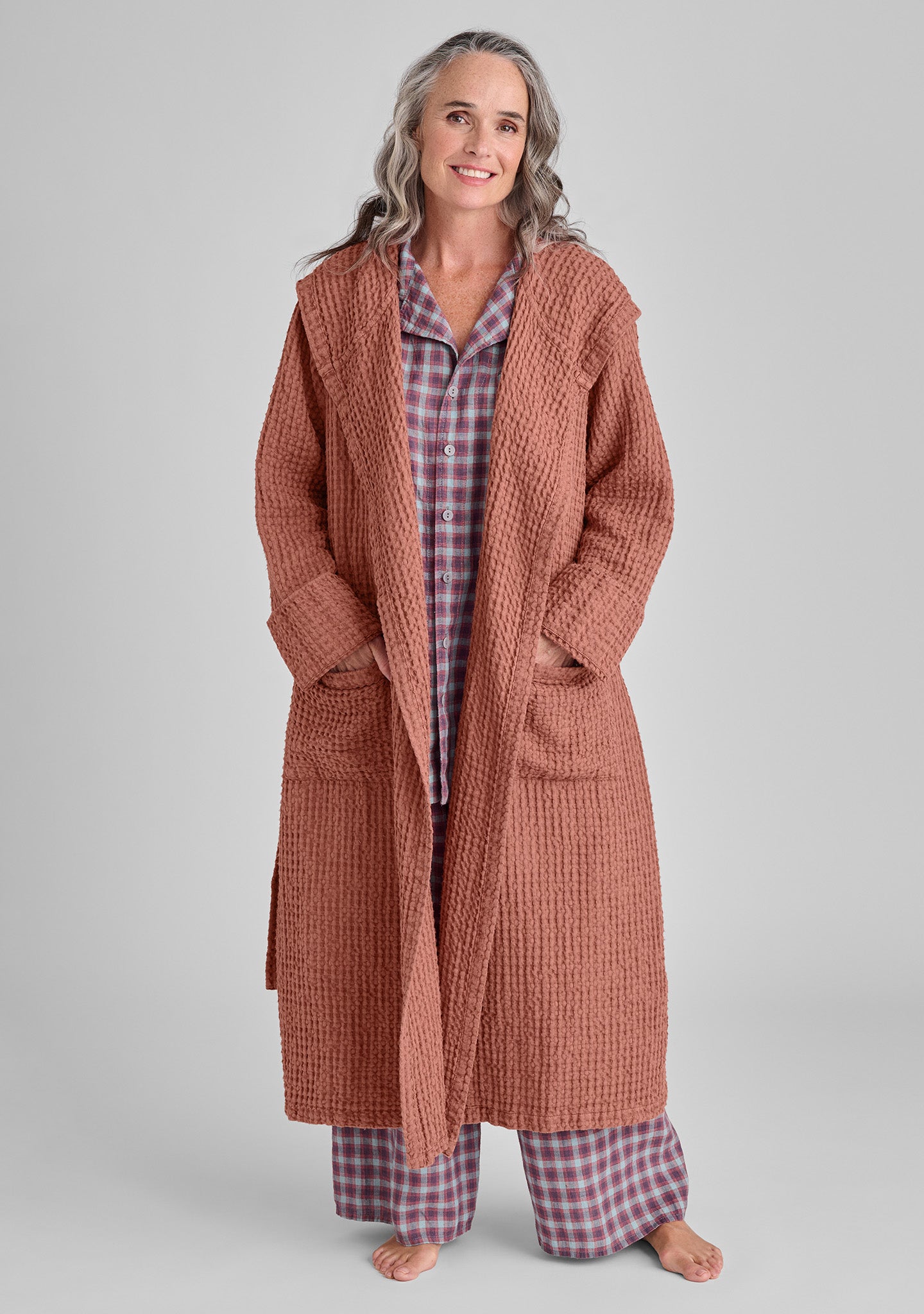 FLAX linen robe in orange and linen pajamas in plaid