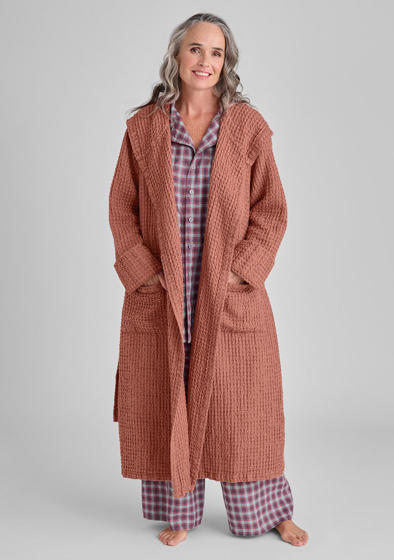 FLAX linen robe in orange and linen pajamas in plaid