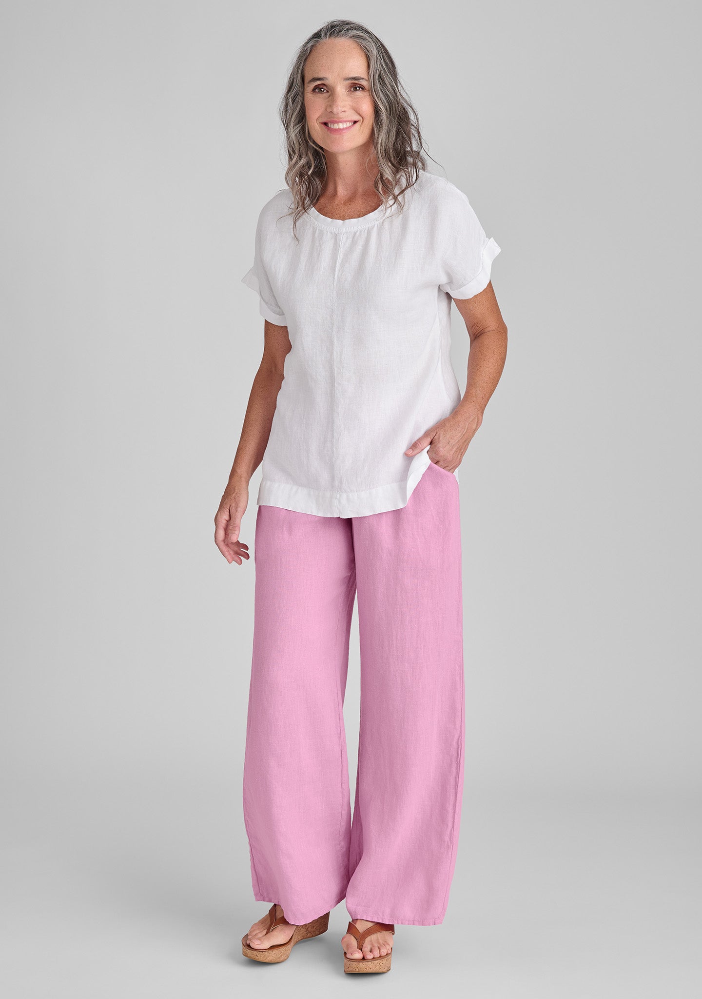 FLAX linen tee shirt in white and linen pants in pink