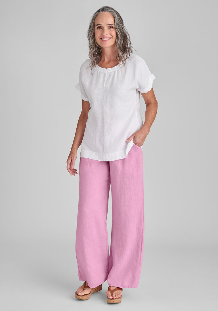 FLAX linen tee shirt in white and linen pants in pink