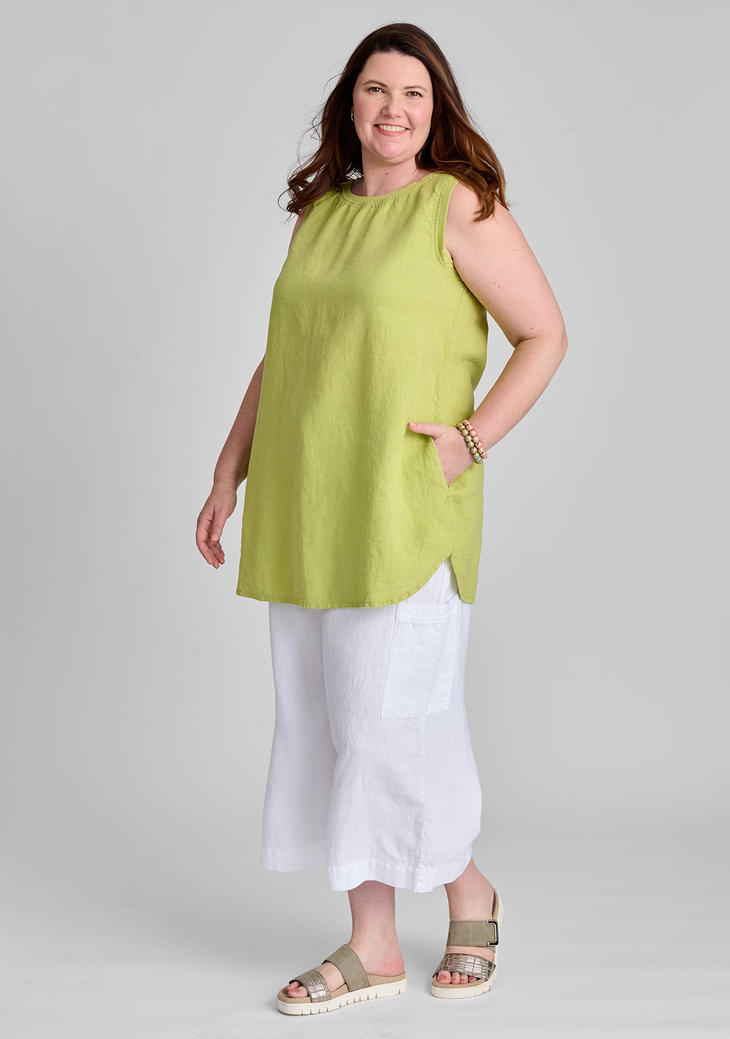 FLAX linen tank in green with linen pants in white
