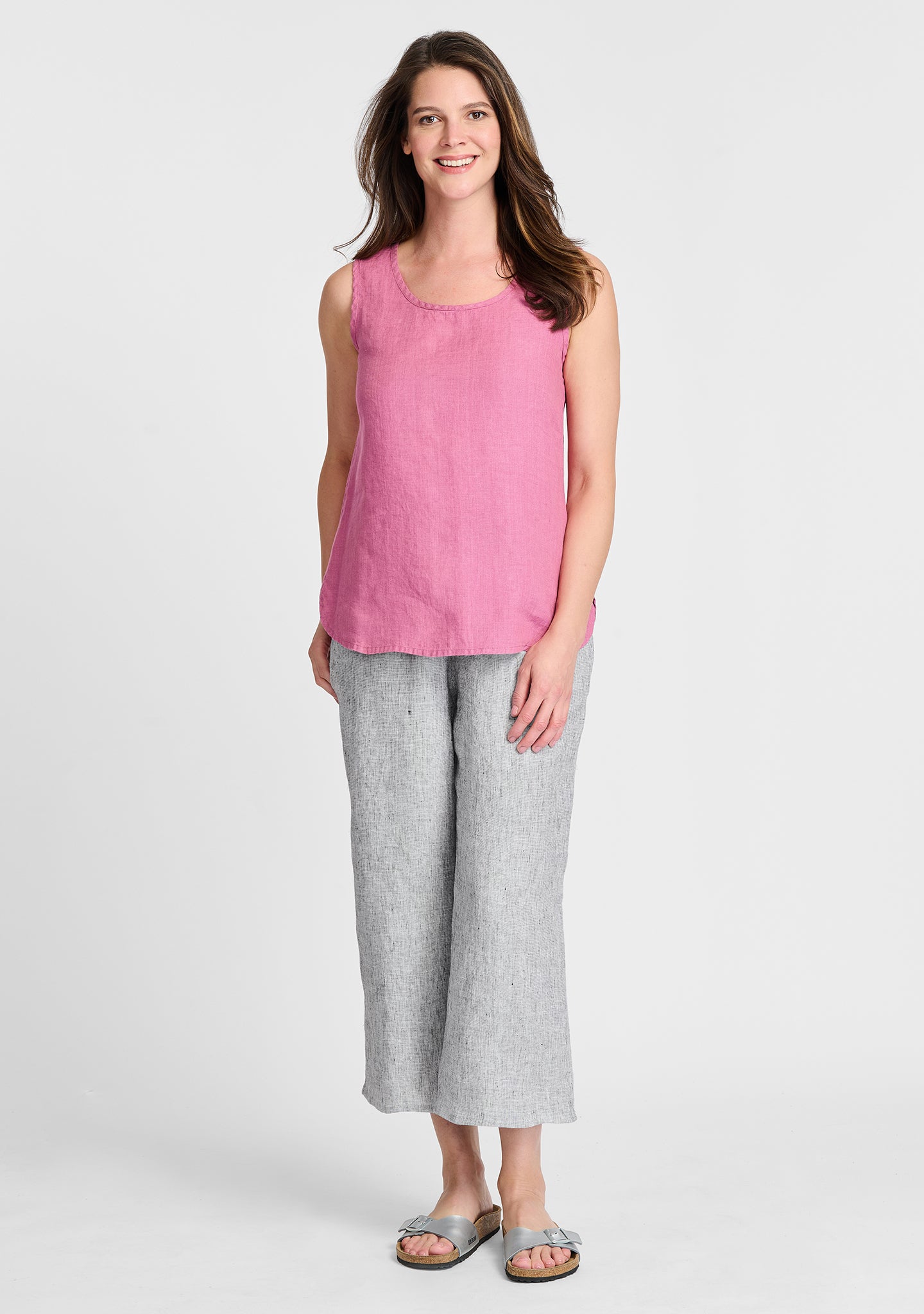 FLAX linen tank in pink with linen pants in grey