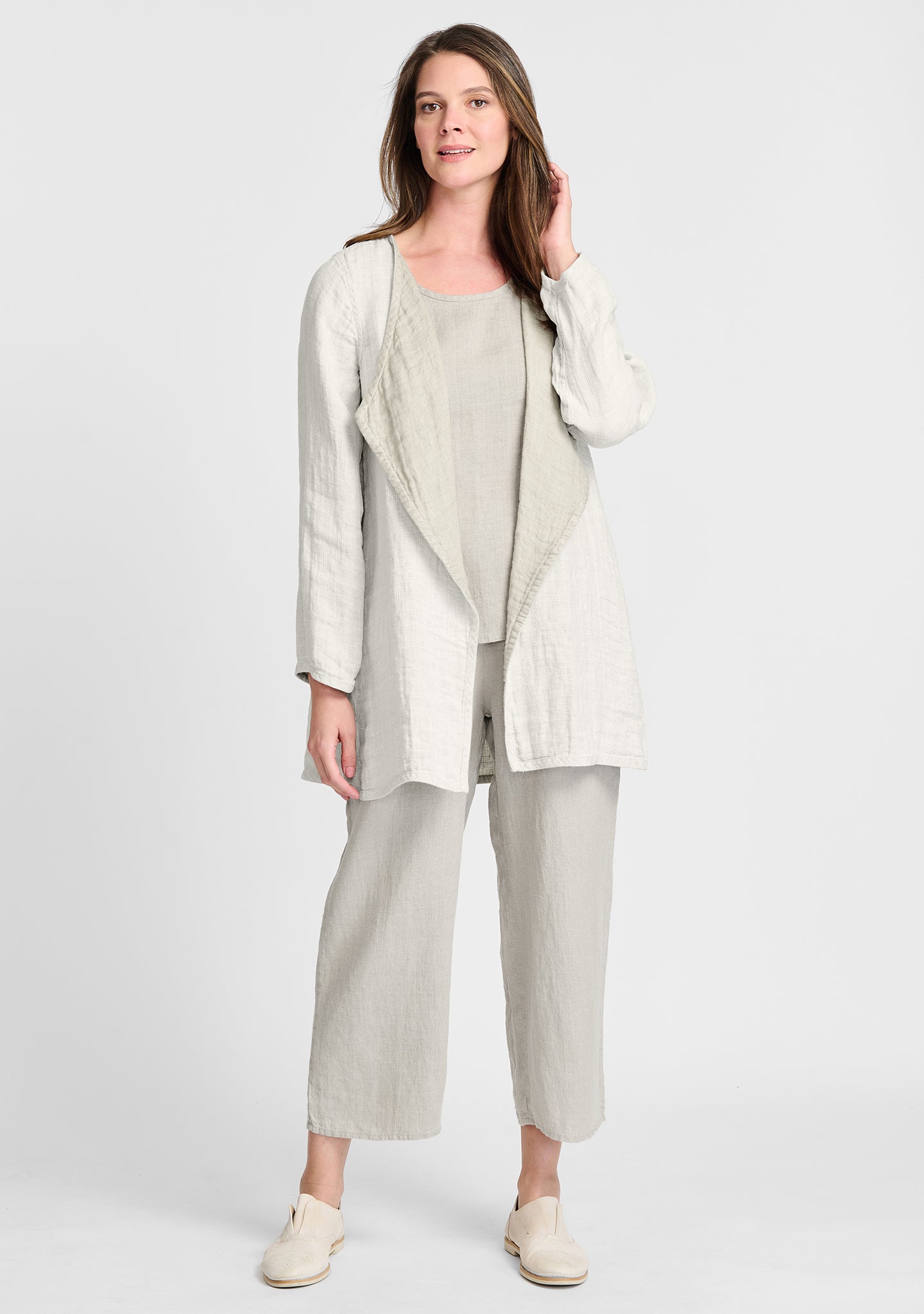 FLAX linen jacket in natural with linen tank in natural and linen pants in natural
