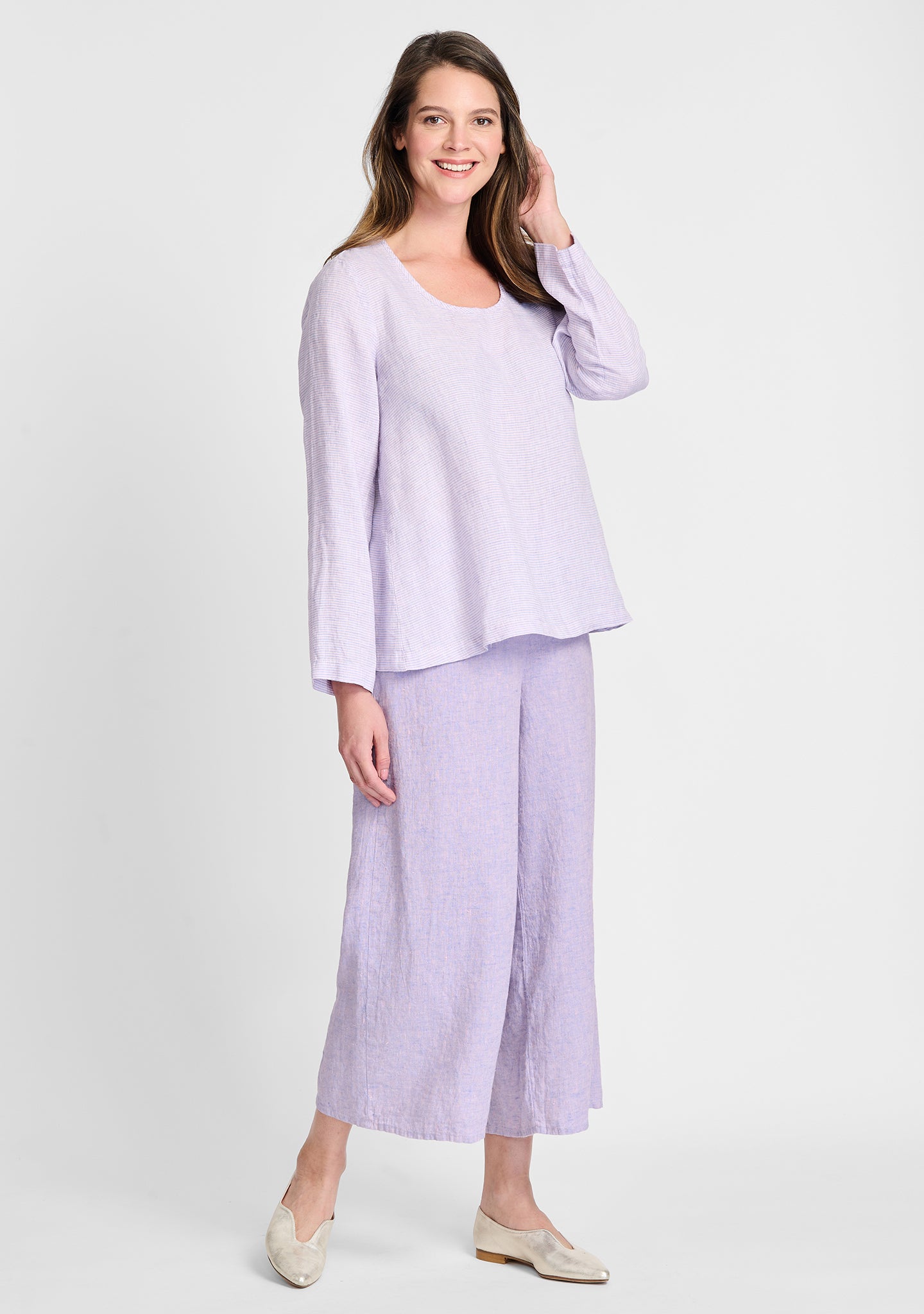 FLAX linen shirt in purple with linen pants in purple