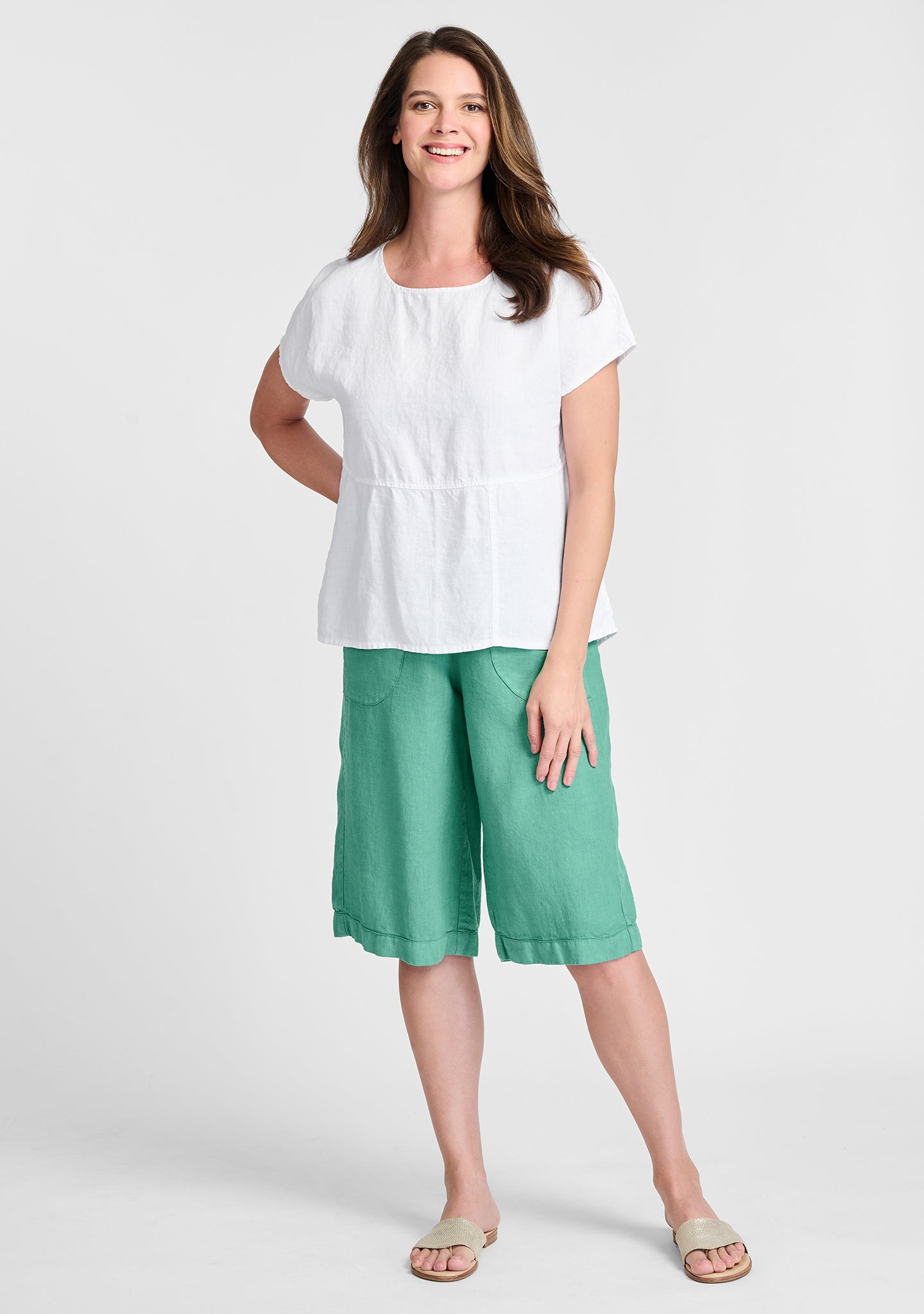 FLAX linen shirt in white with linen shorts in green