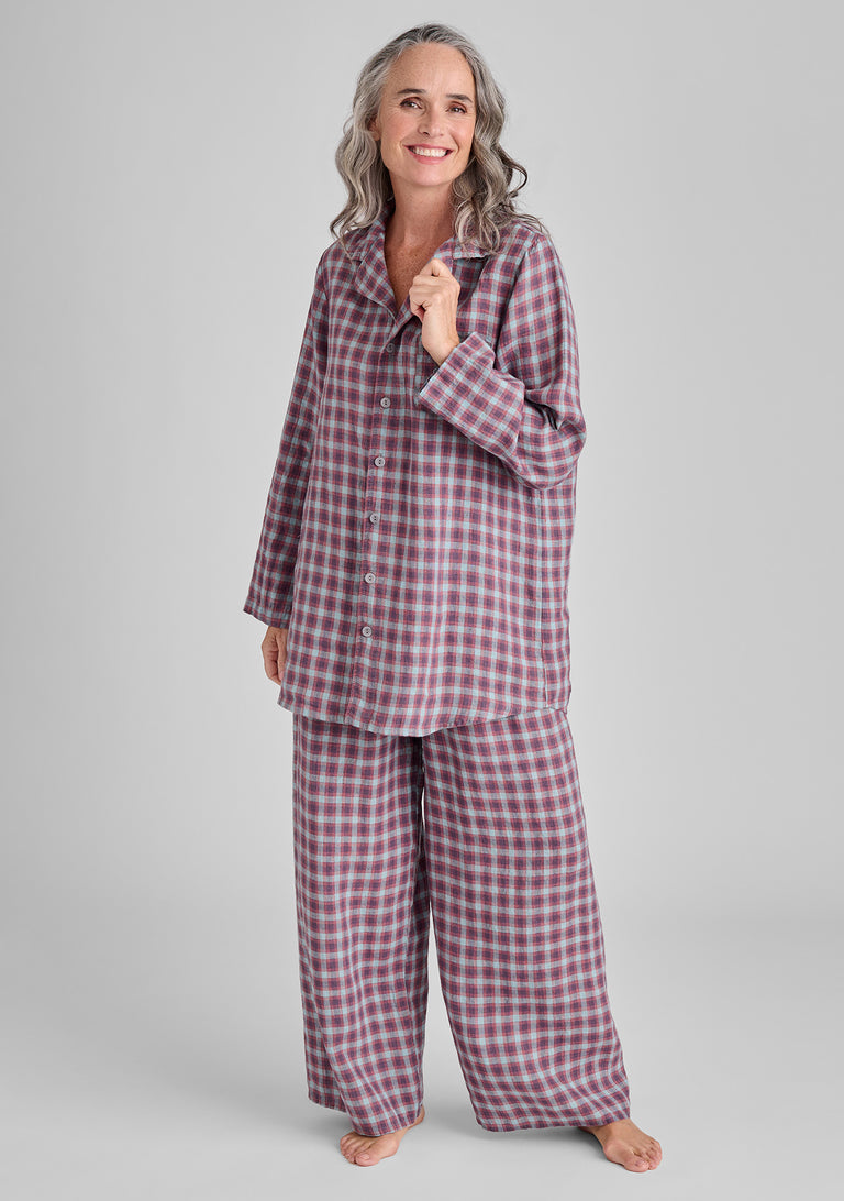 FLAX linen pajama shirt in plaid and linen pajama bottoms in plaid