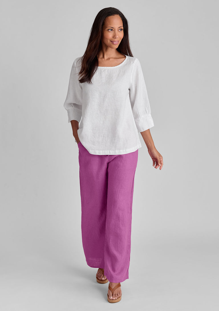 FLAX linen shirt in white with linen pants in pink