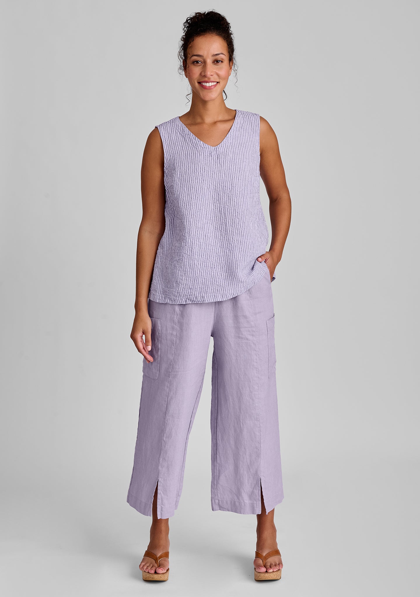 FLAX linen tank in purple with linen pants in purple