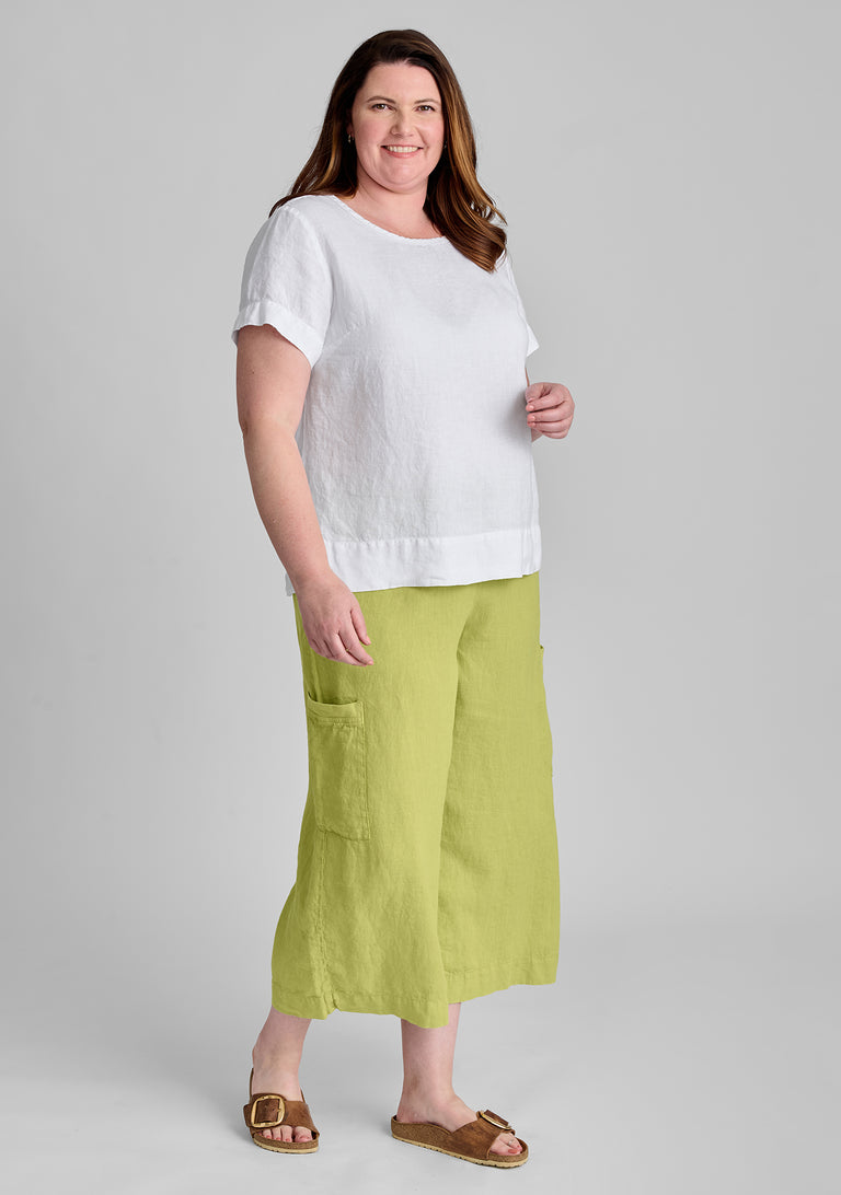 FLAX linen tee in white with linen pants in green
