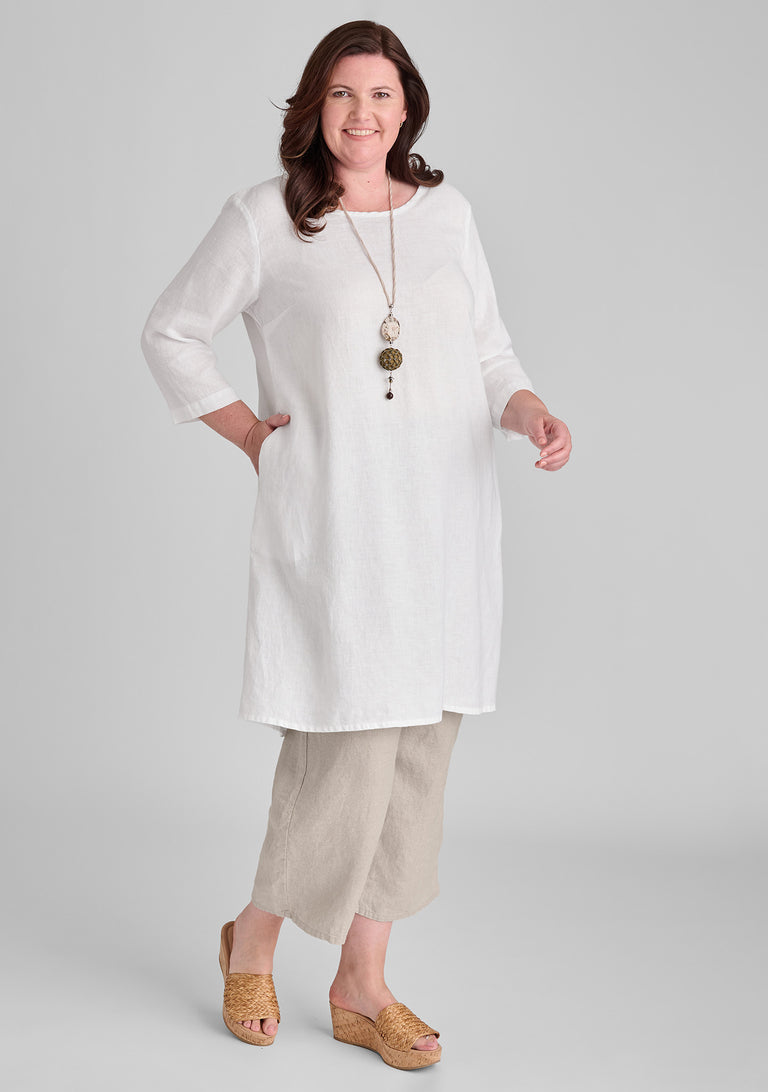 FLAX linen dress in white with linen pants in natural