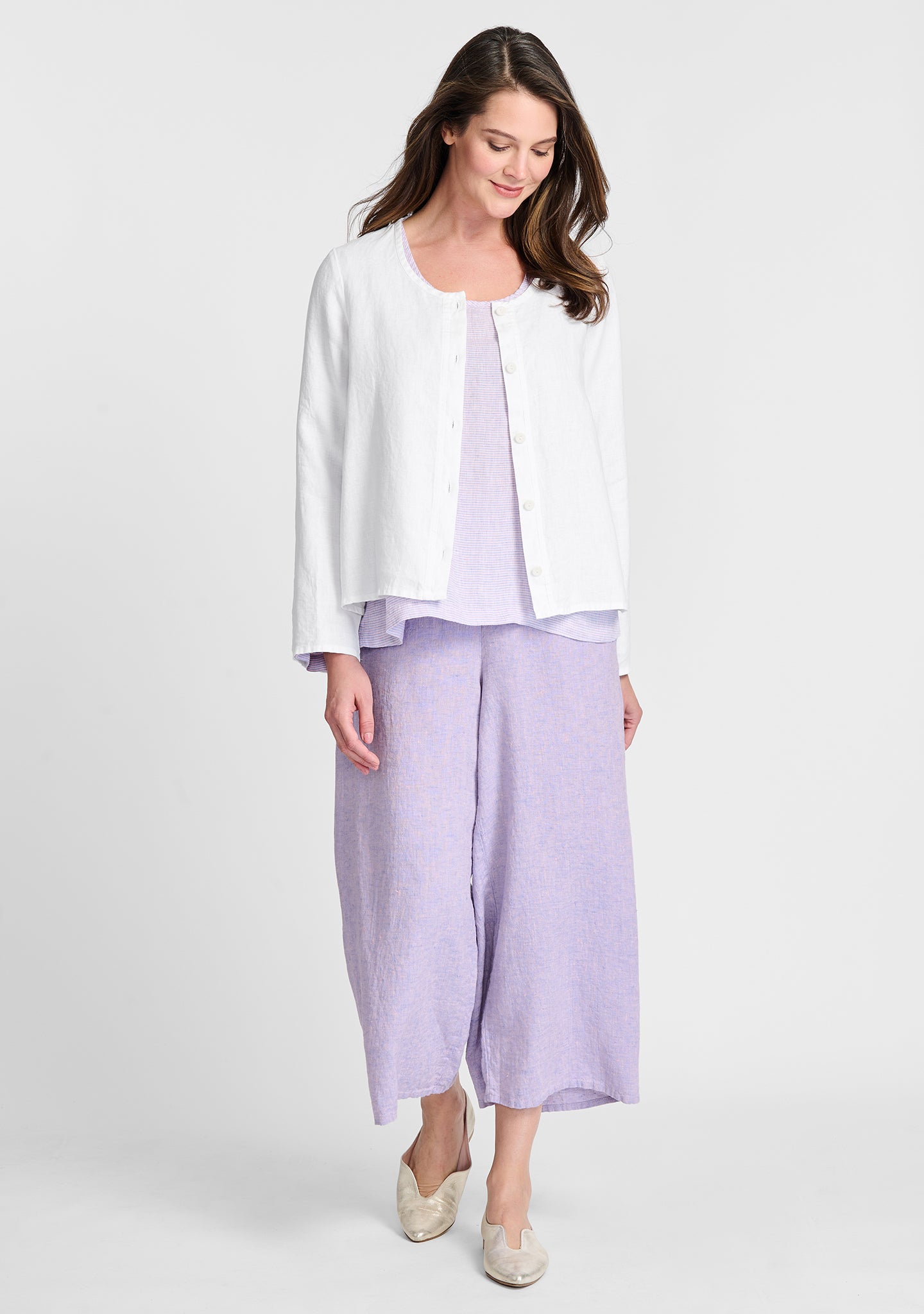 FLAX linen shirt in white with linen shirt in purple and linen pants in purple