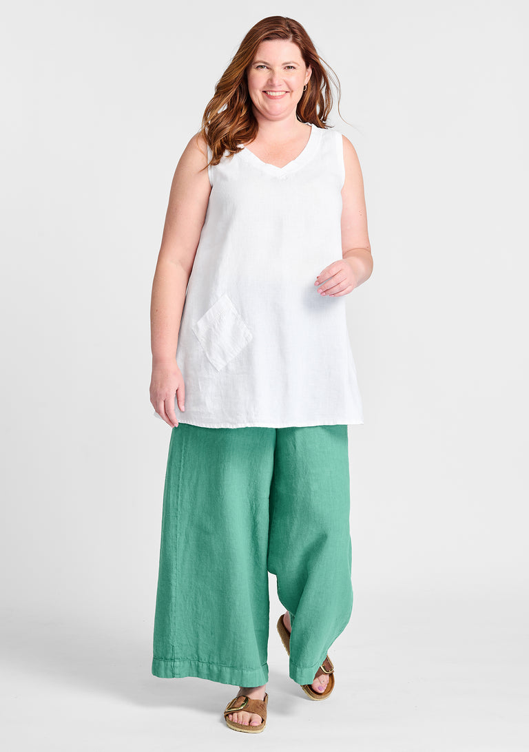 FLAX linen tank in white with linen pants in green