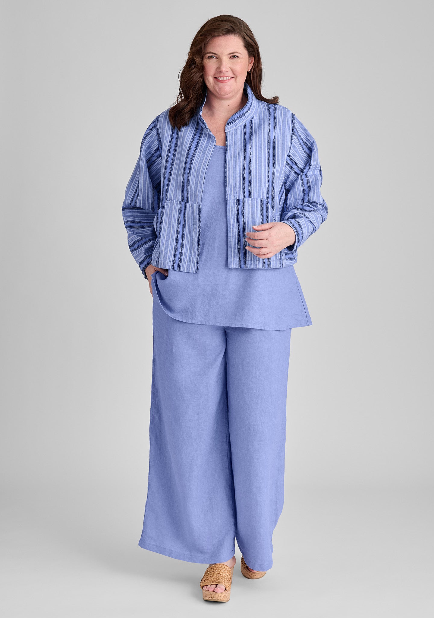 FLAX linen jacket in blue with linen tank top in blue and linen pants in blue
