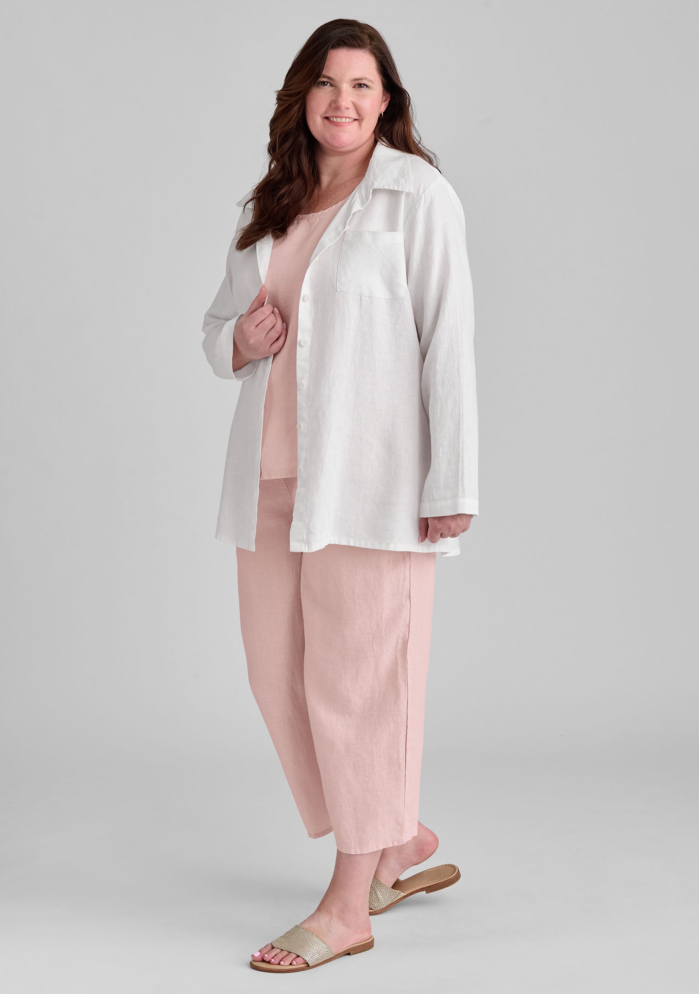 FLAX linen shirt in white with linen tank in pink and linen pants in pink