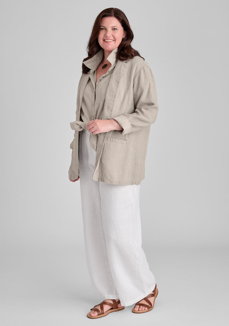 FLAX linen jacket in natural with linen shirt in natural and linen pants in white