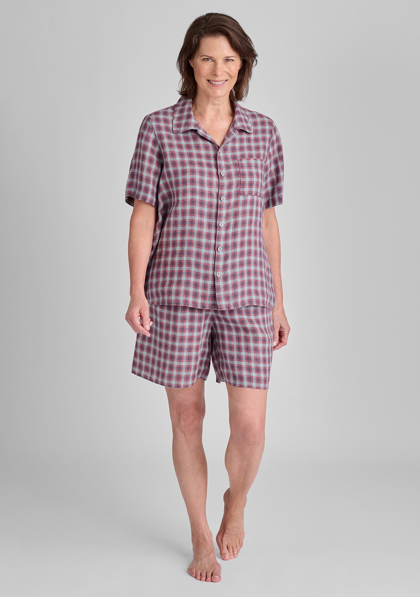 FLAX linen pajama shirt in plaid and linen pajama shorts in plaid