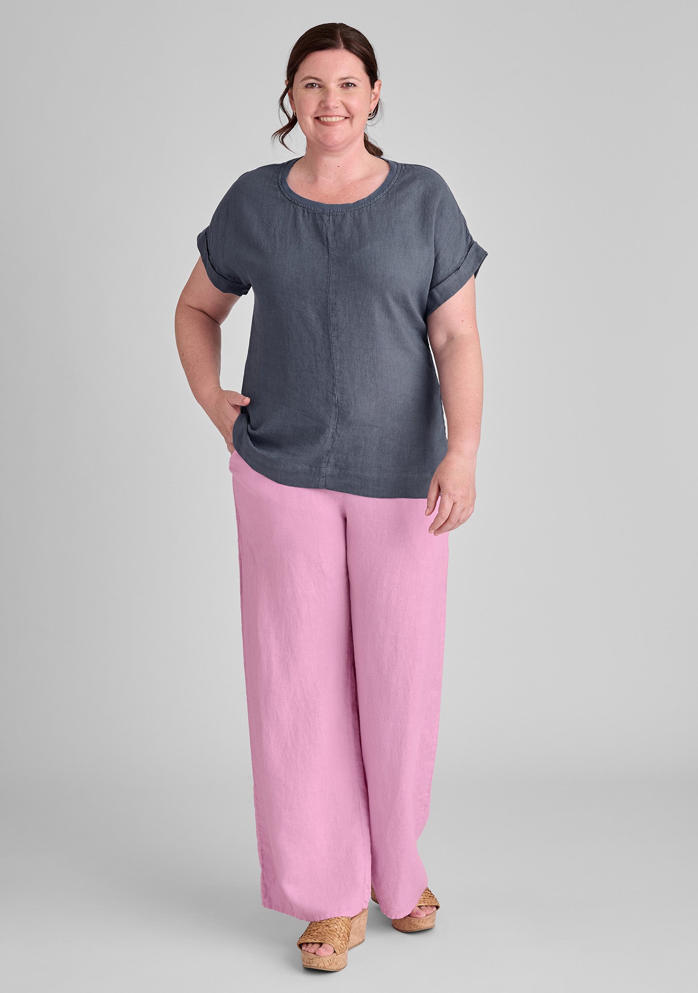 FLAX linen tee shirt in blue with linen pants in pink