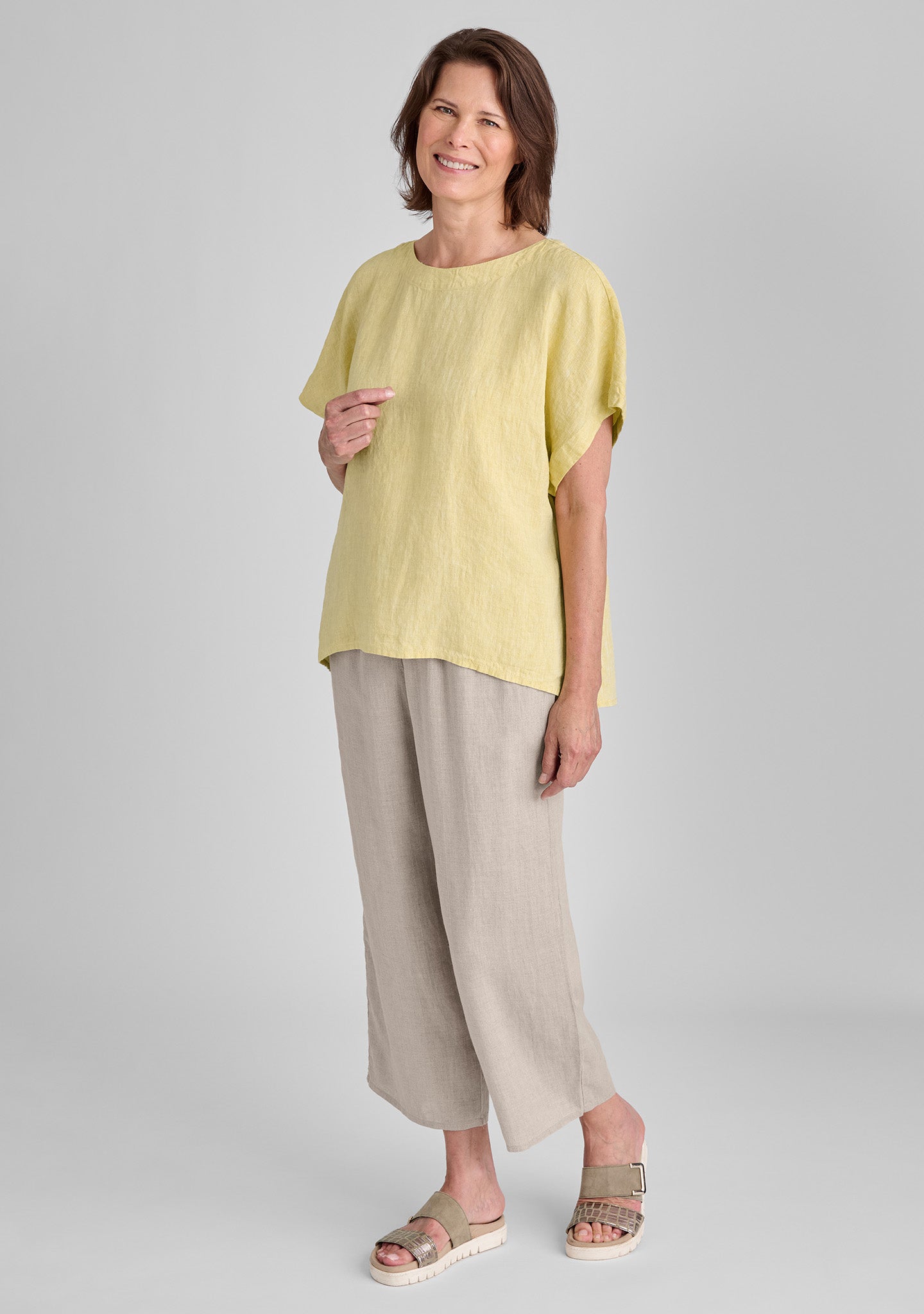 FLAX linen tee in yellow with linen pants in natural