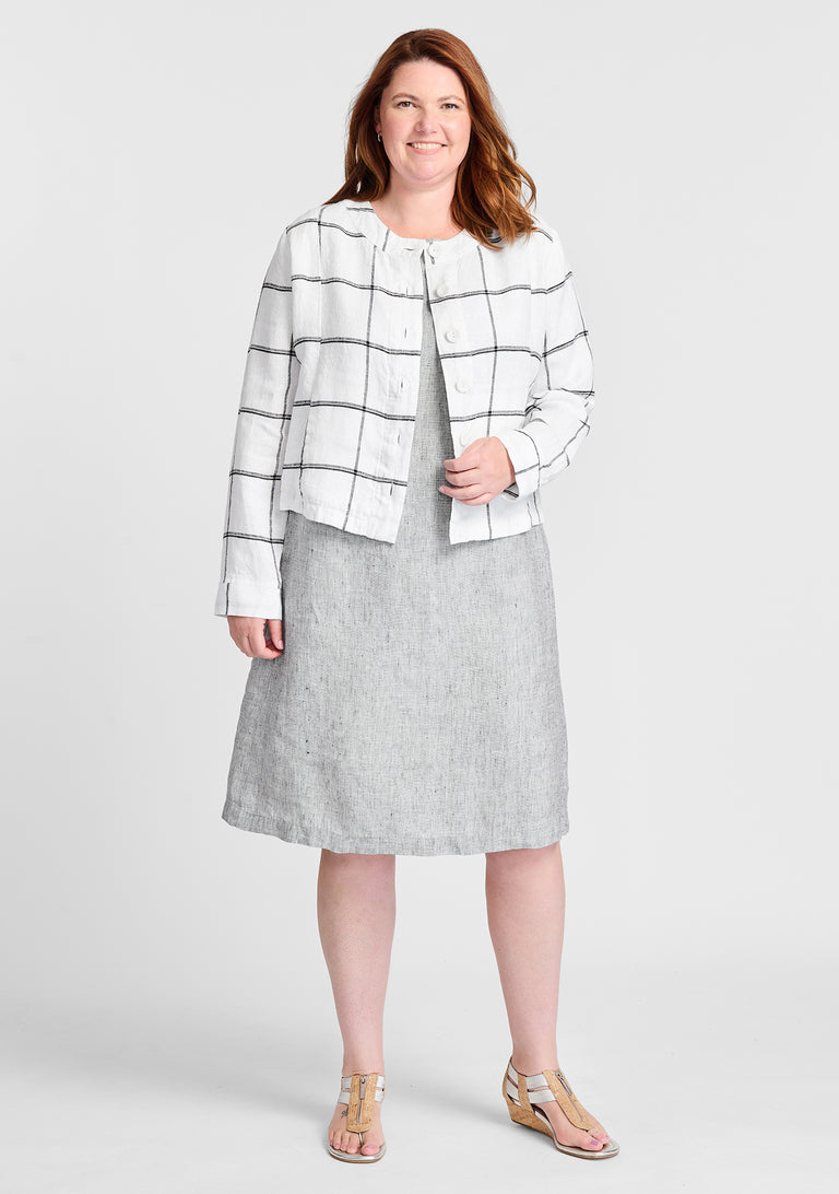 FLAX linen jacket in white with linen dress in grey