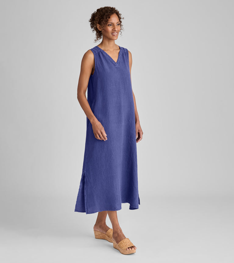 Woman in blue FLAX linen dress