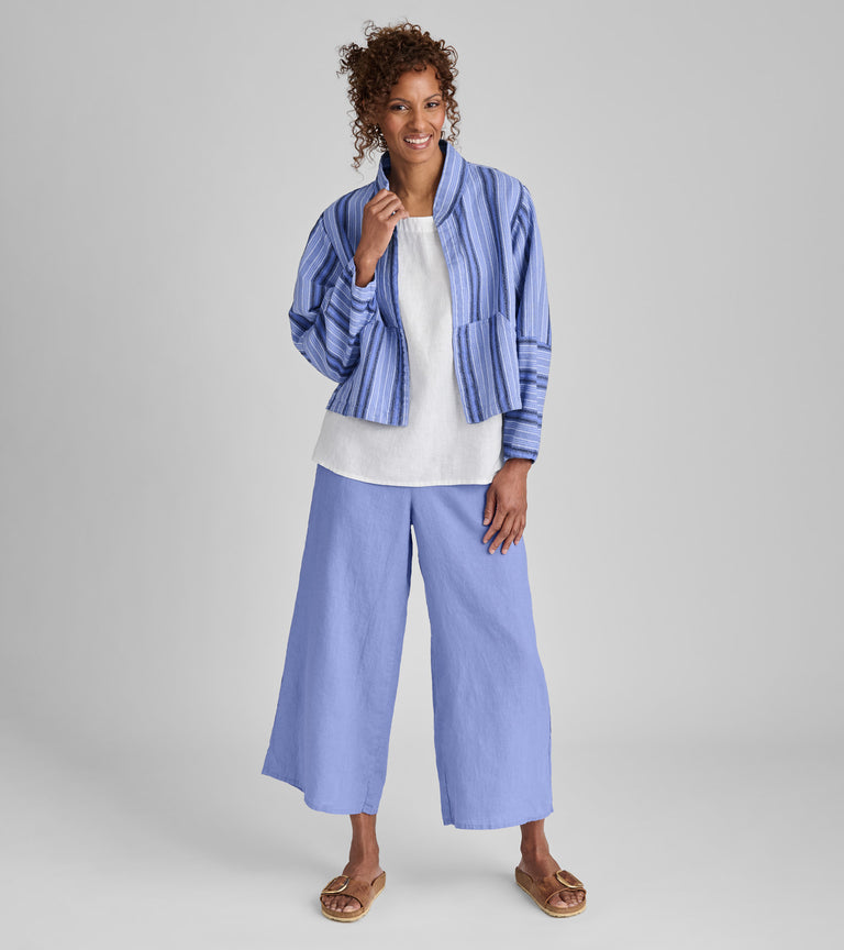 Woman in blue FLAX linen pants and jacket