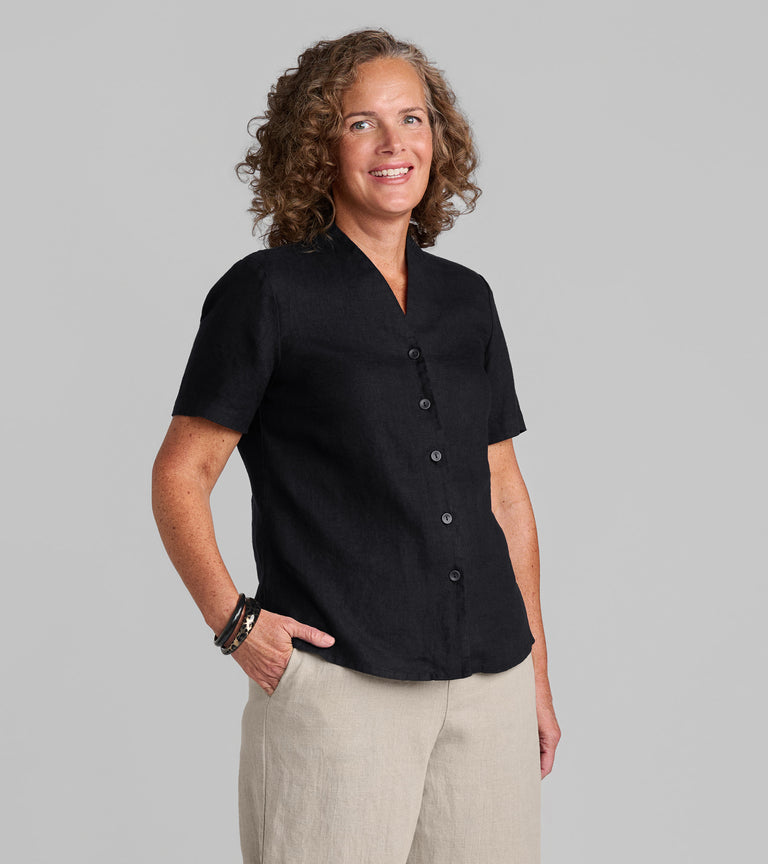 Woman in FLAX linen black blouse