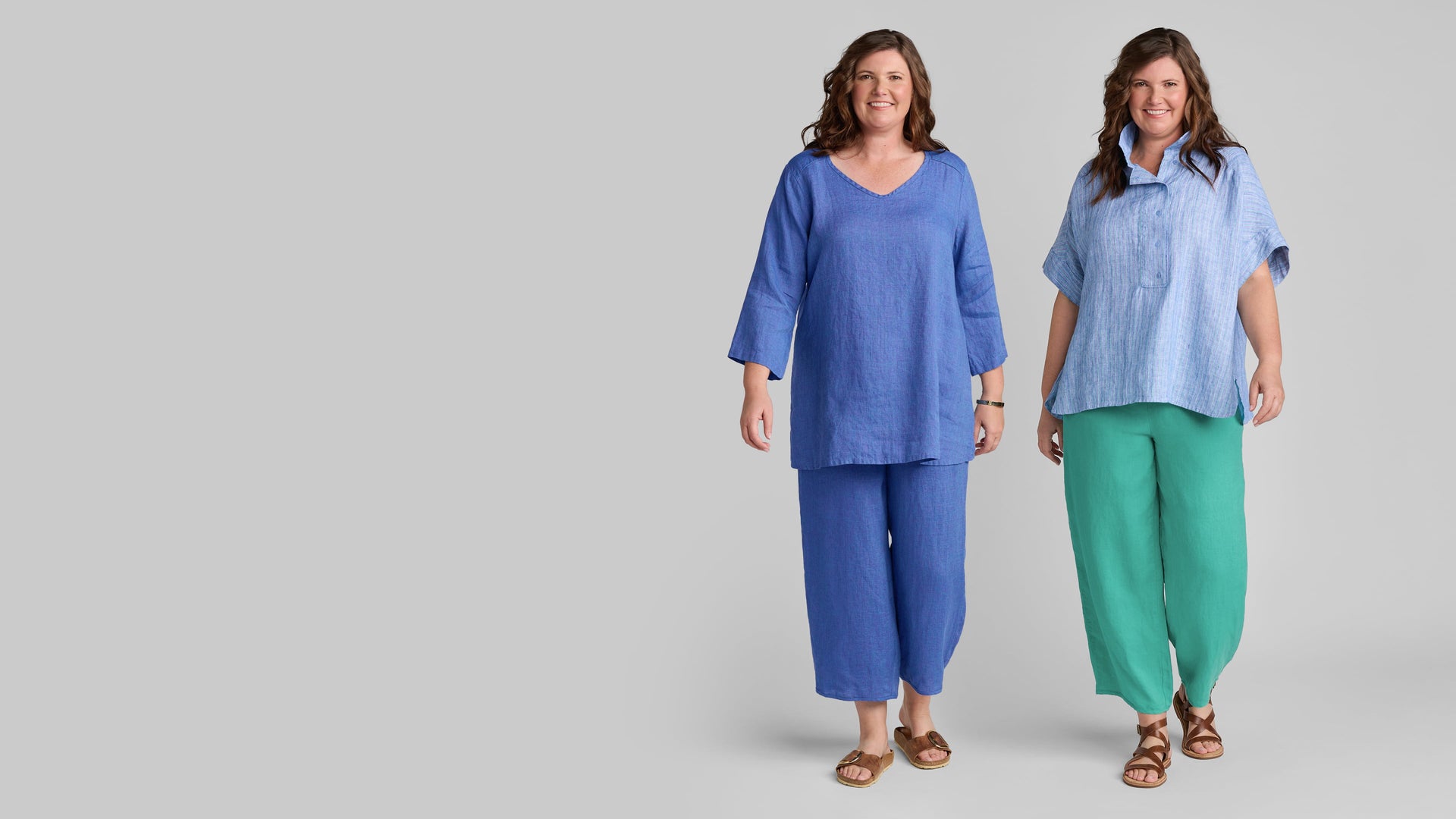 Flax women's linen clothing two women in cool toned linen outfits