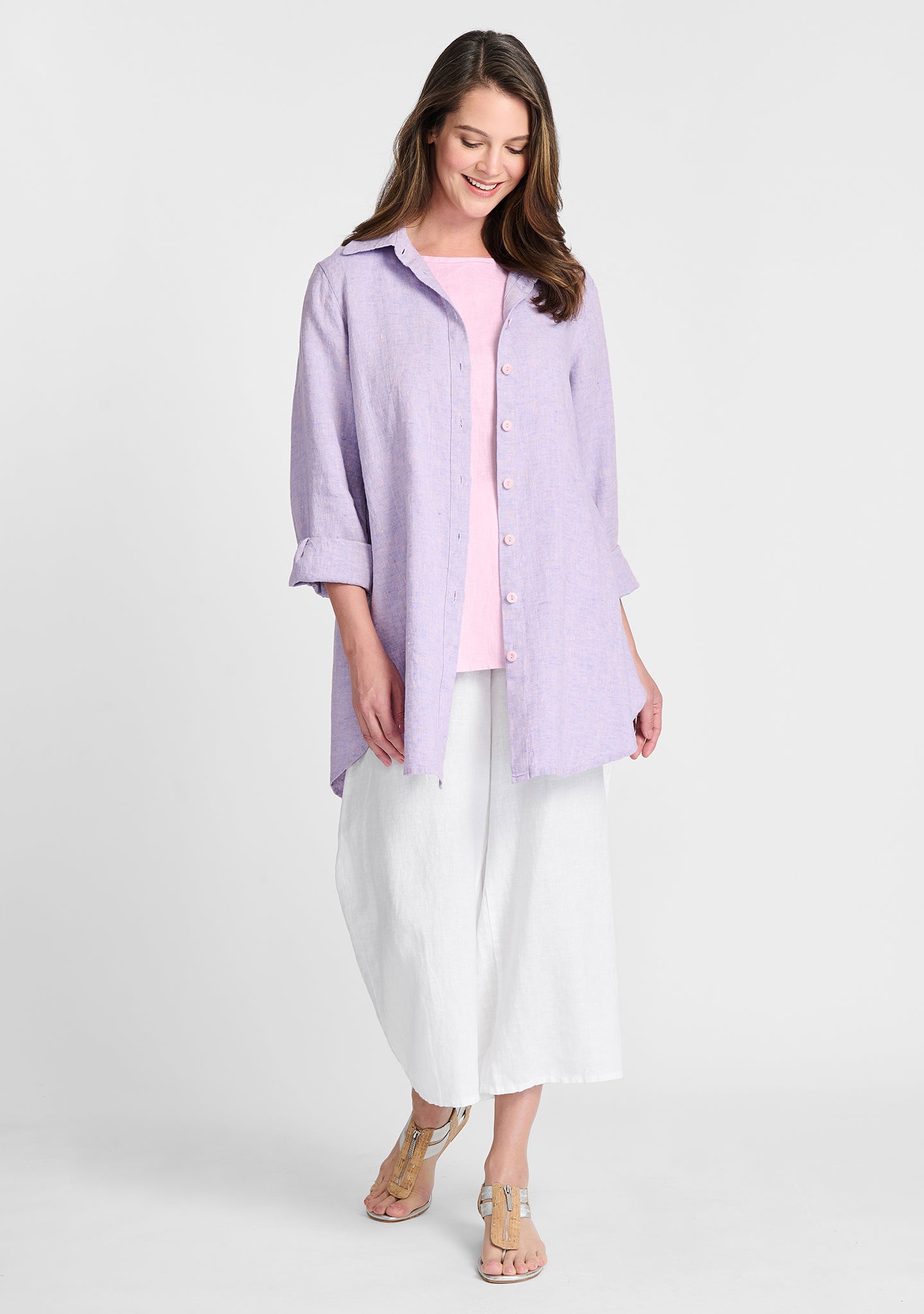FLAX linen shirt in purple with linen tank in pink and linen pants in purpel