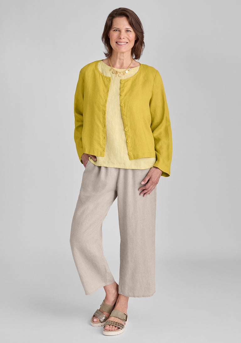 FLAX linen jacket in yellow with linen shirt in yellow and linen pants in natural