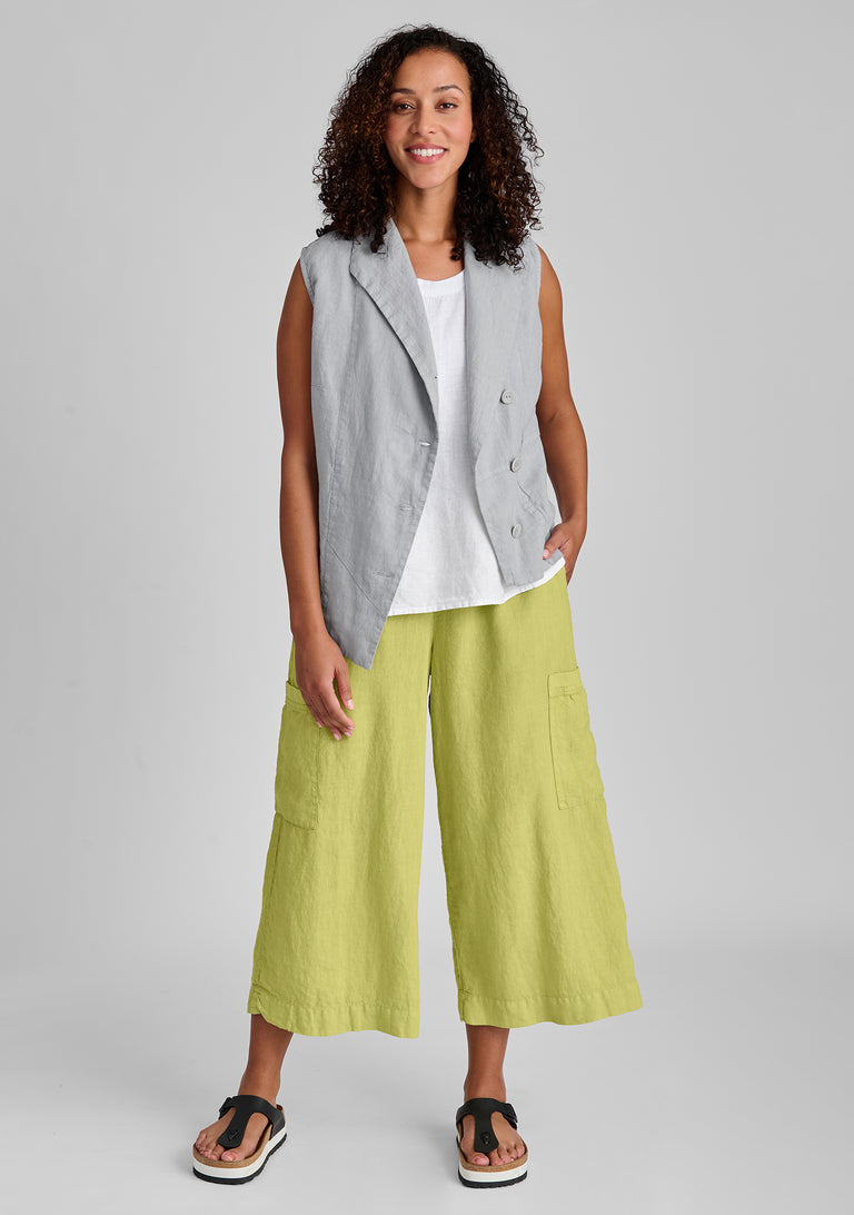 FLAX linen vest in grey with linen tank in white and linen pants in green