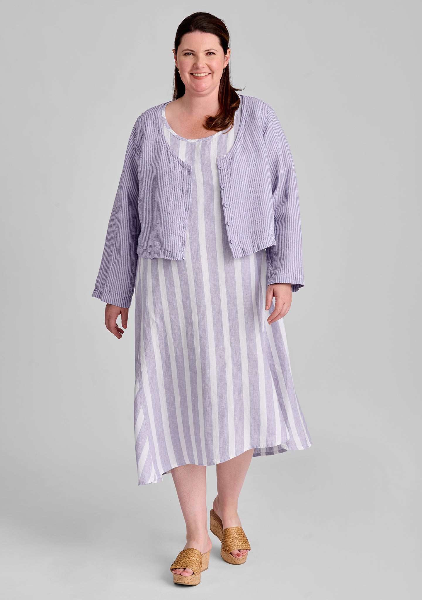 FLAX linen blouse in purple with linen dress in purple