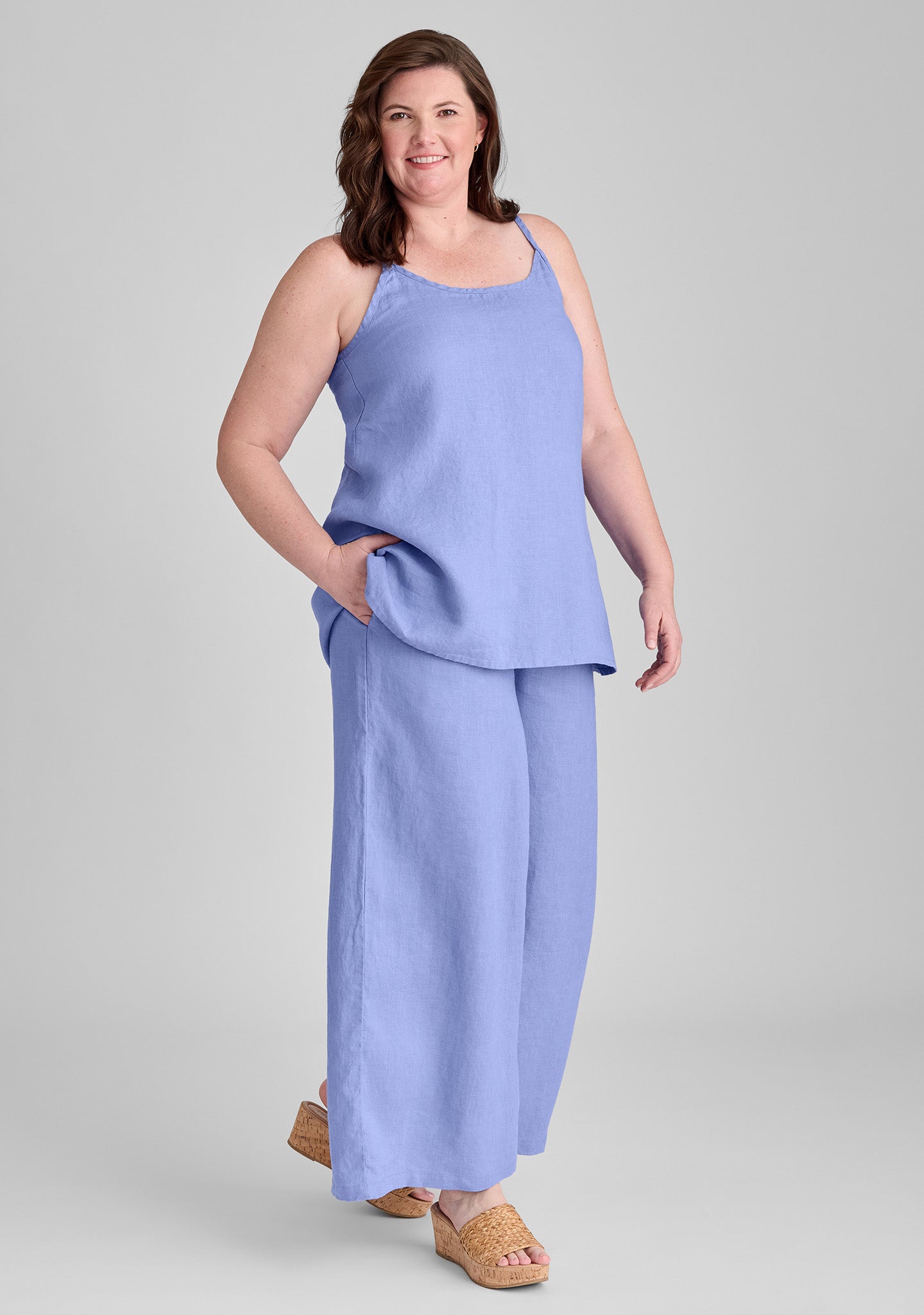 FLAX linen tank top in blue with linen pants in blue