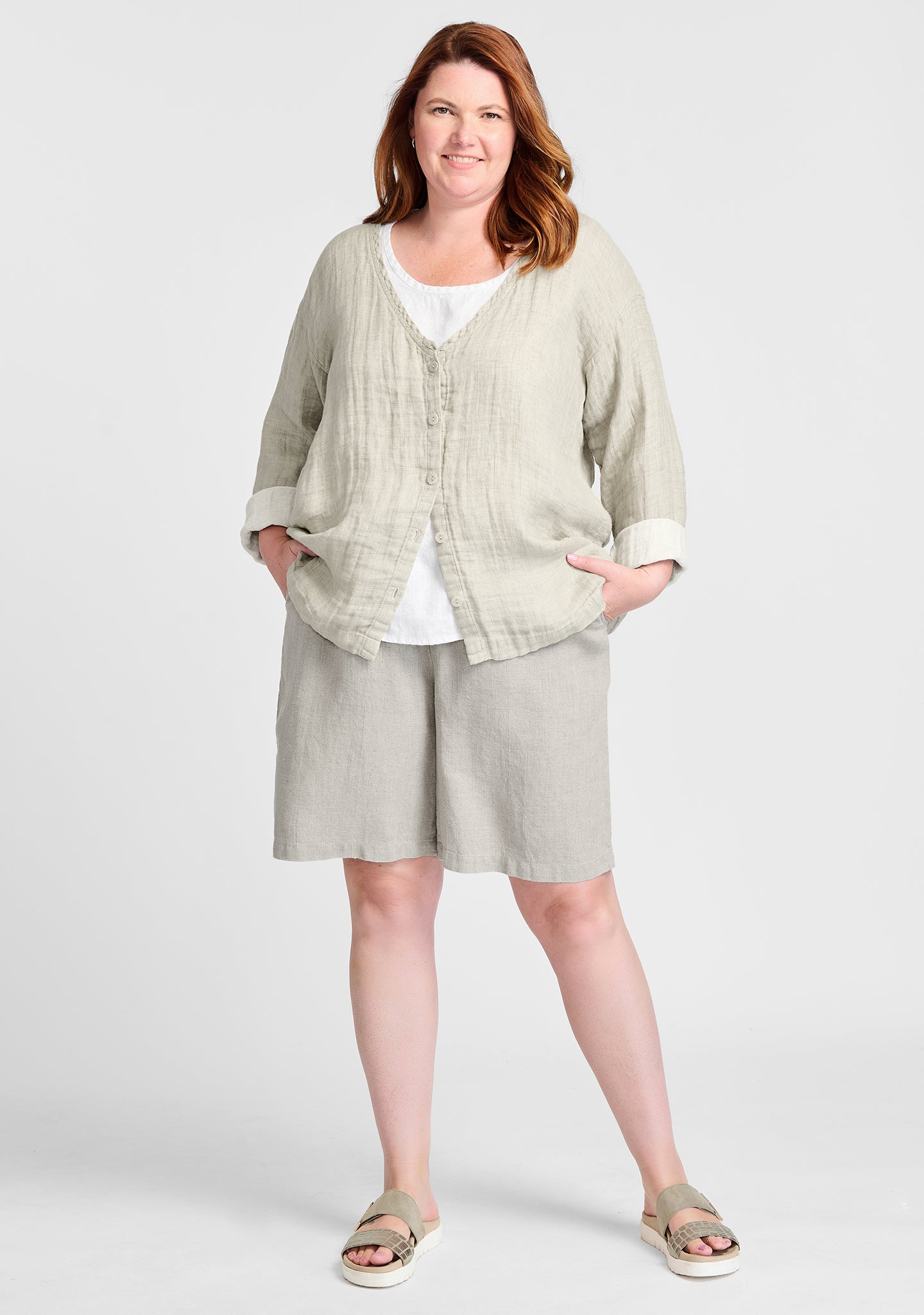 FLAX linen jacket in natural with linen tank in white and linen shorts in natural