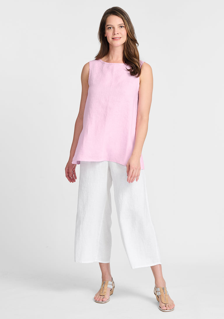 FLAX linen tank in pink with linen pants in white