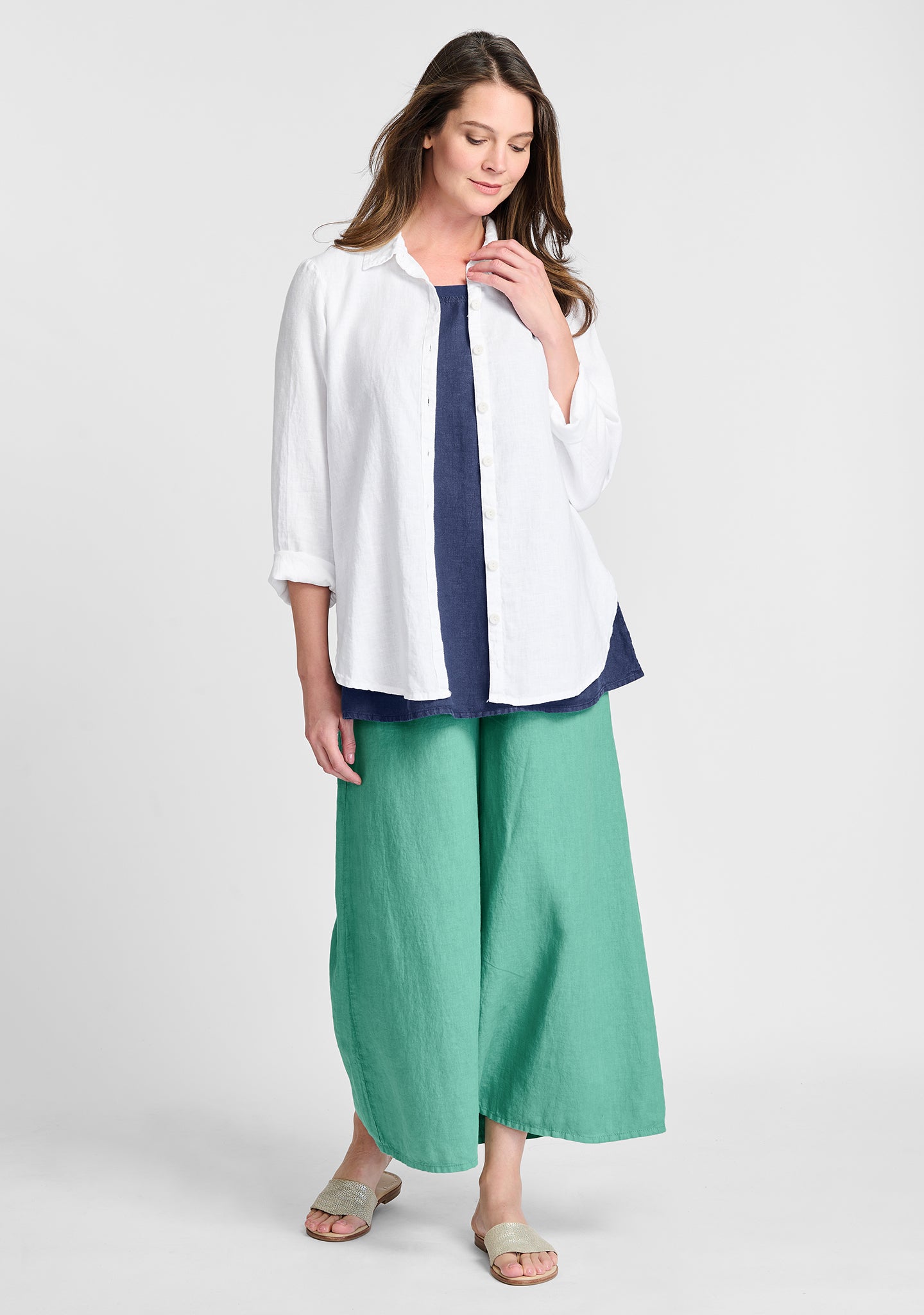 FLAX linen shirt in white with linen tank in blue and linen pants in green
