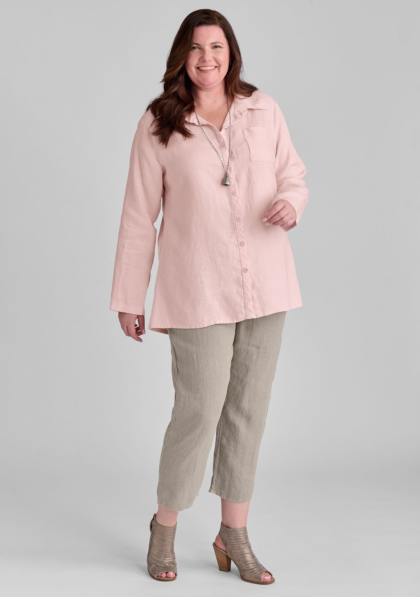 FLAX linen shirt in pink with linen pants in natural