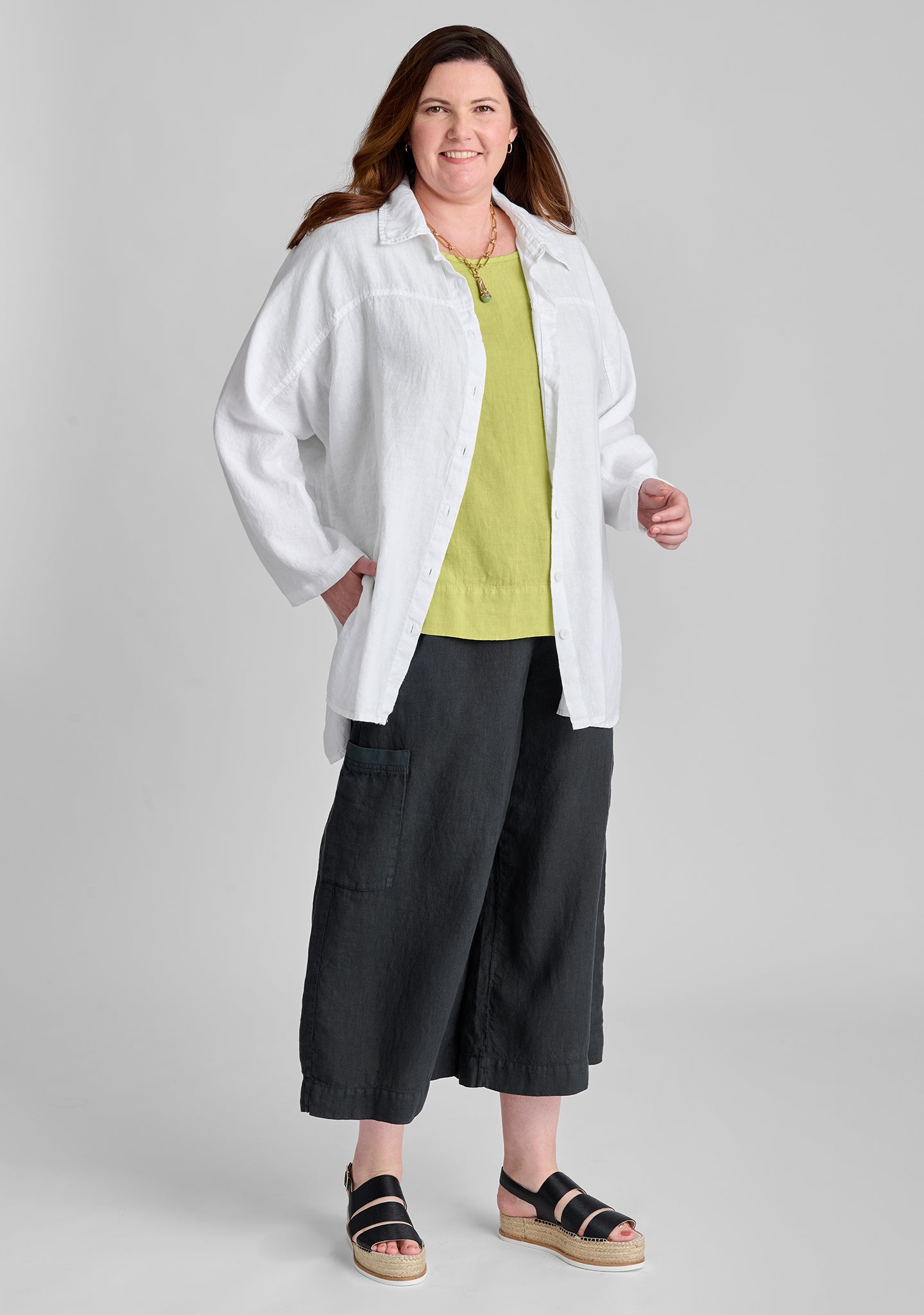 FLAX linen blouse in white with linen tee in green and linen pants in black