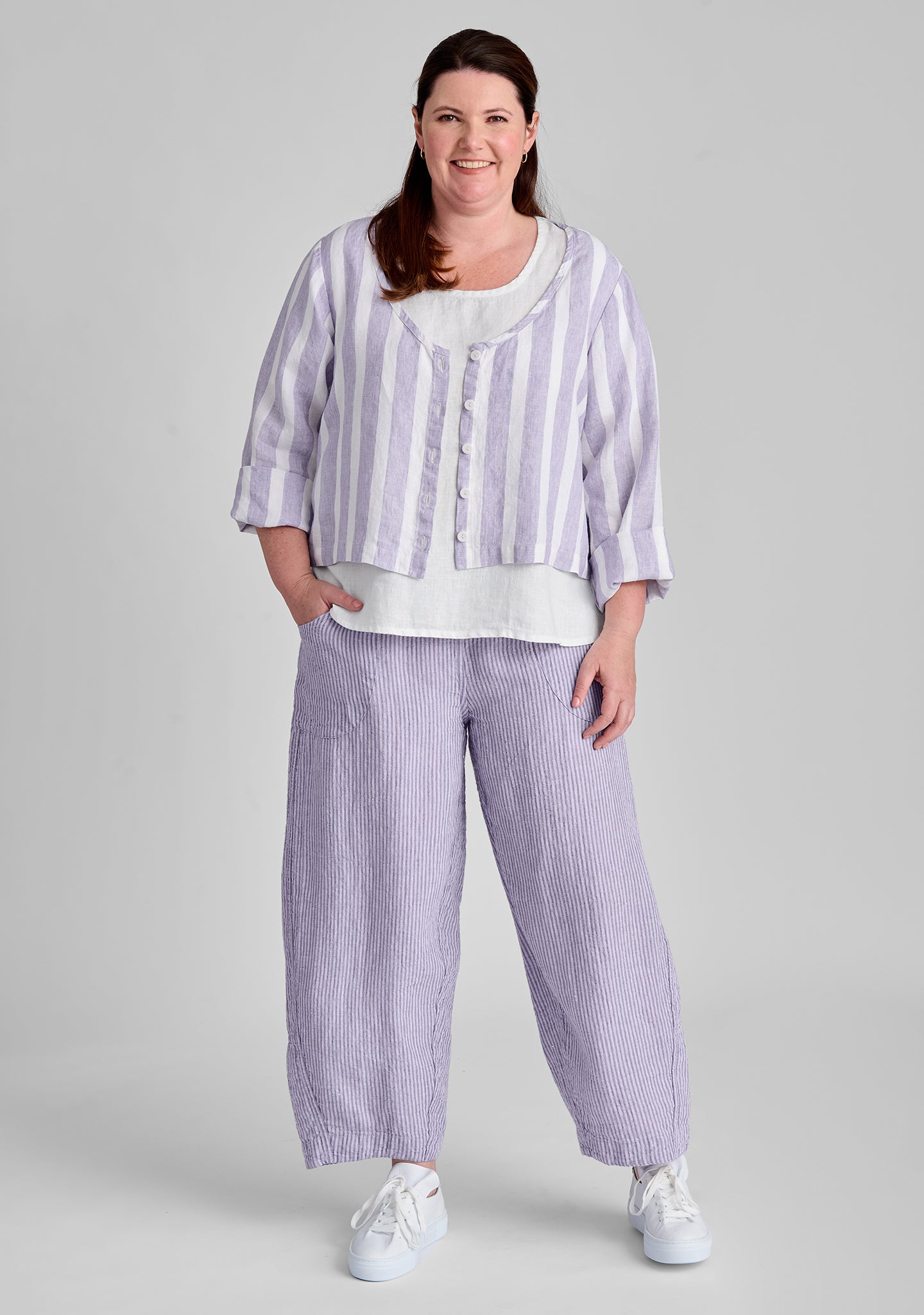 FLAX linen blouse in purple with linen tee in white with linen pants in purple