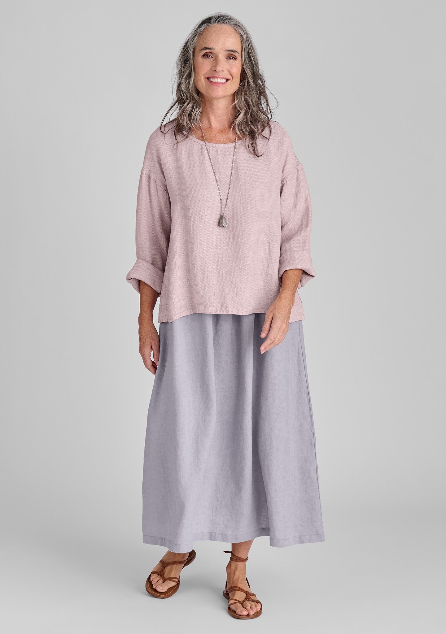 FLAX linen shirt in pink with linen dress in grey