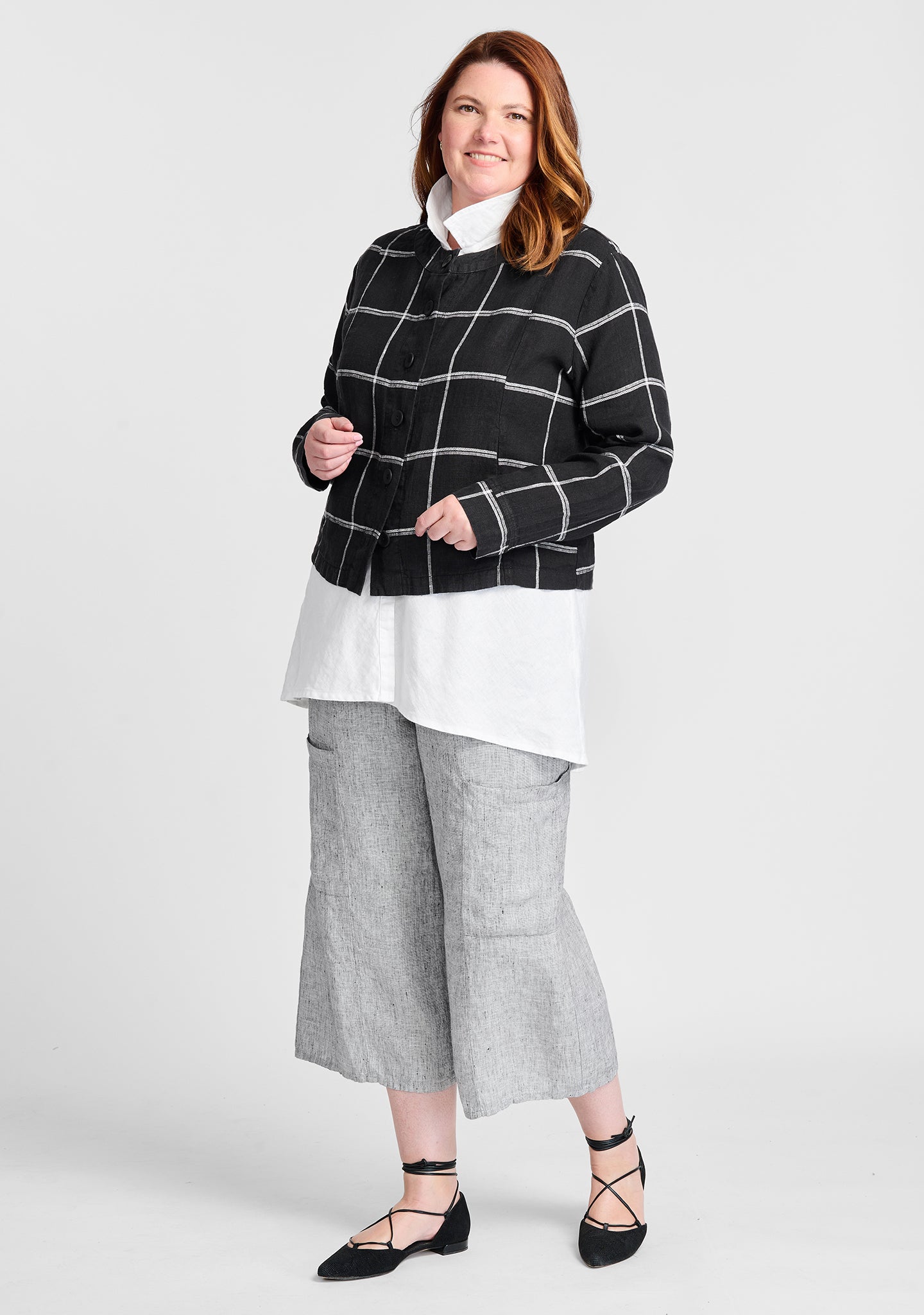 FLAX linen jacket in black with linen shirt in white and linen pants in grey