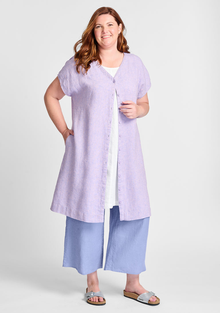FLAX linen dress in purple with linen dress in white and linen pants in blue