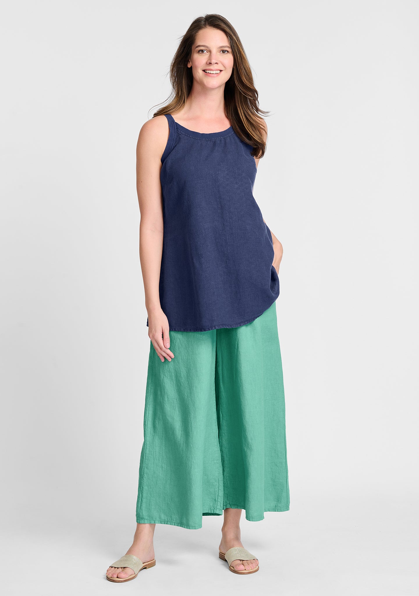 FLAX linen tank in blue with linen pants in green