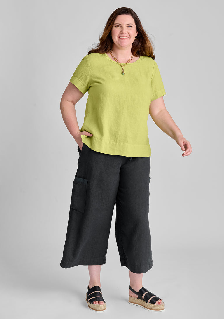 FLAX linen tee in green with linen pants in black