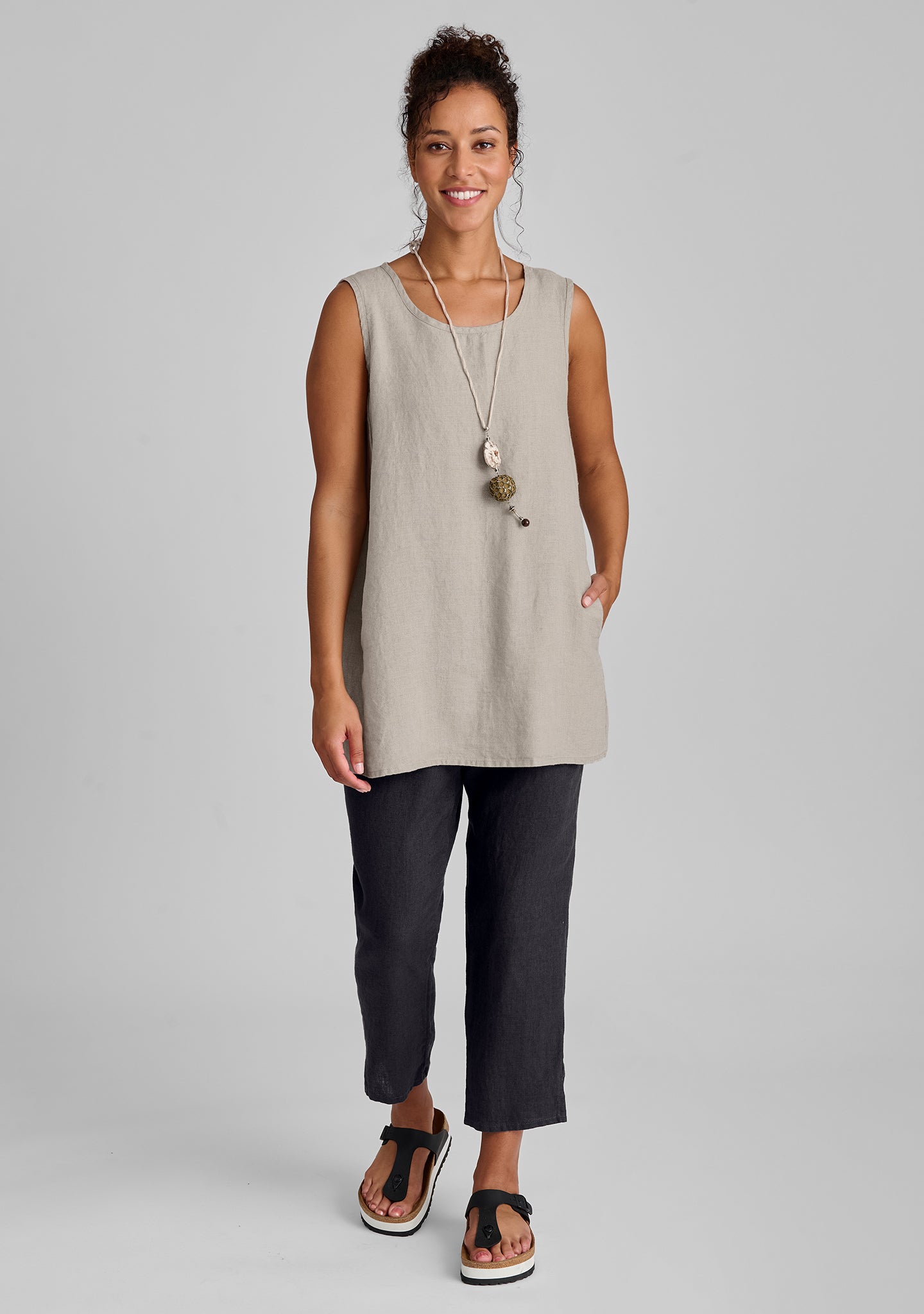 FLAX linen tank in natural with linen pants in grey