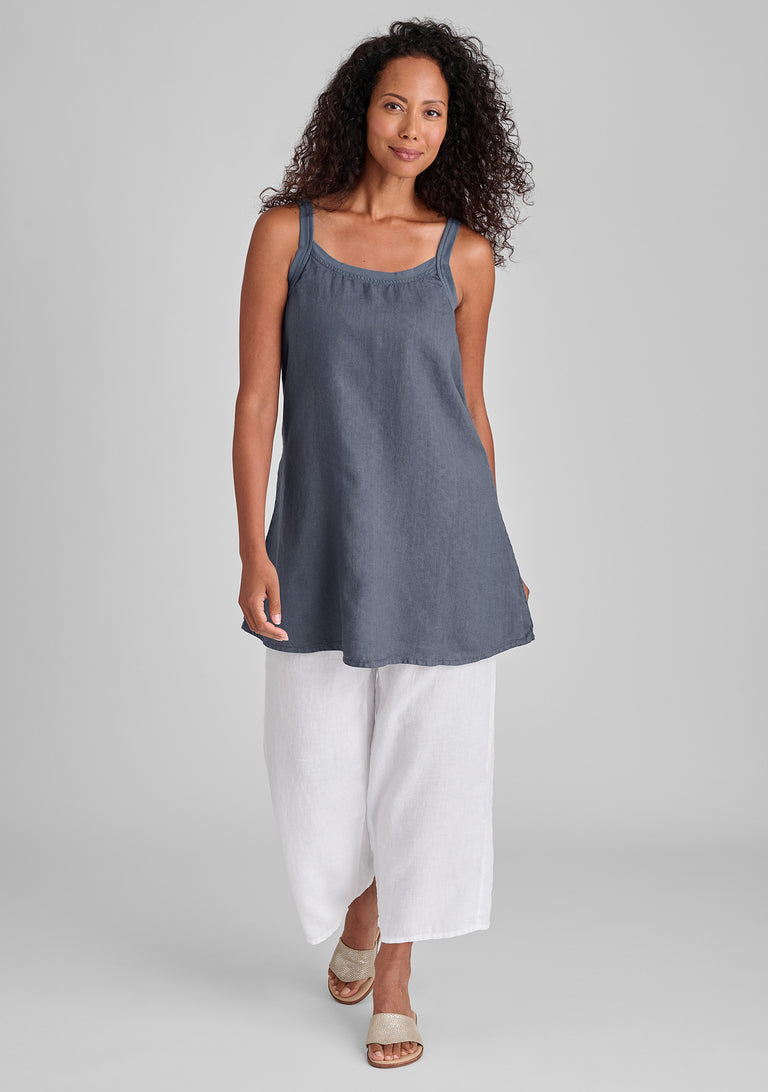 FLAX linen tank in blue with linen pants in white